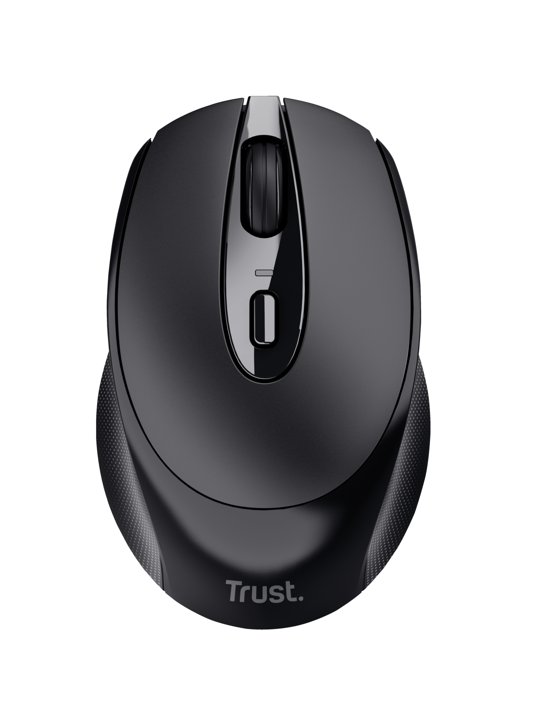 Mouse Trust nero, vista dall'alto. Ha una rotella, due pulsanti e il logo Trust.