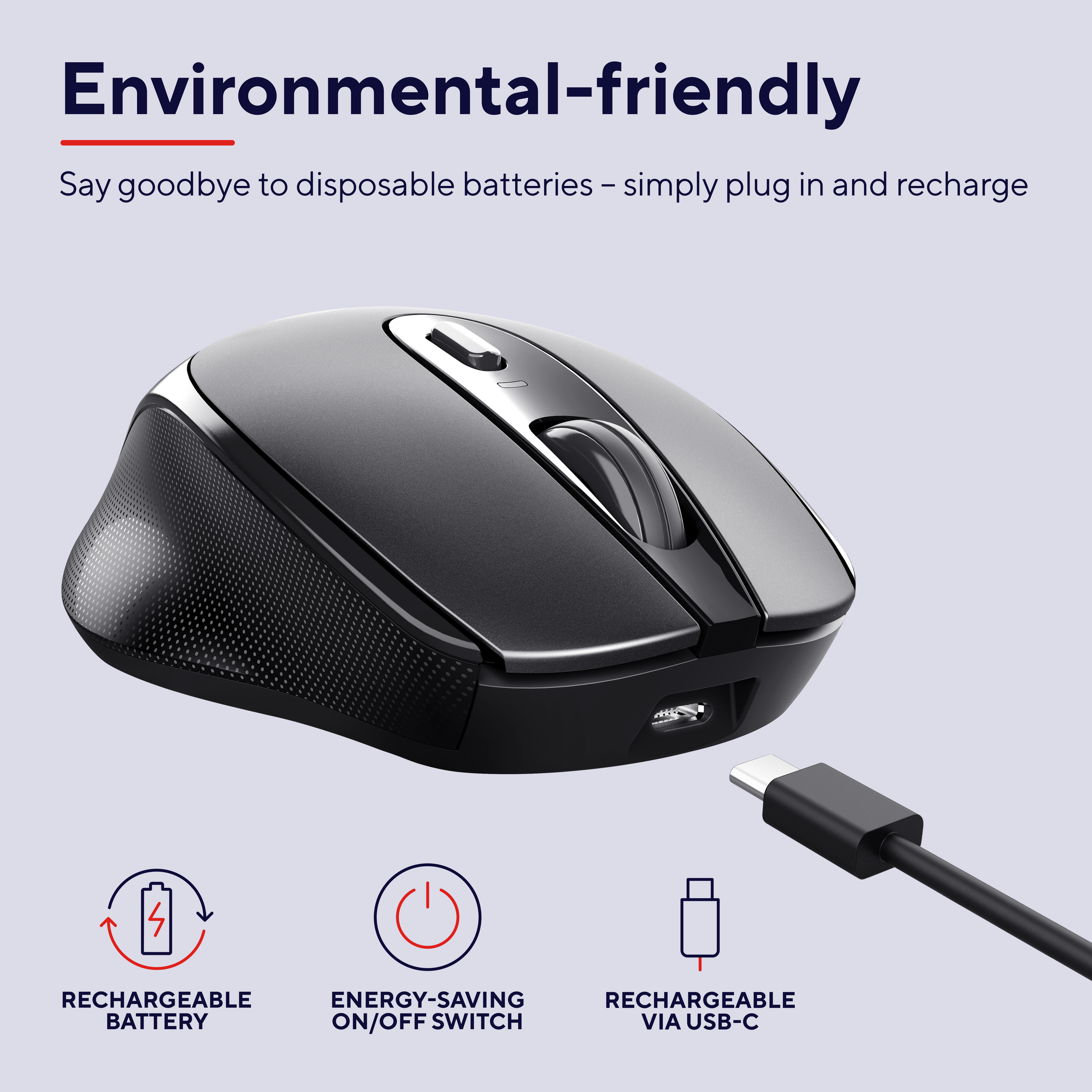 Mouse wireless nero con porta di ricarica e cavo USB-C. Testo indica batteria ricaricabile.