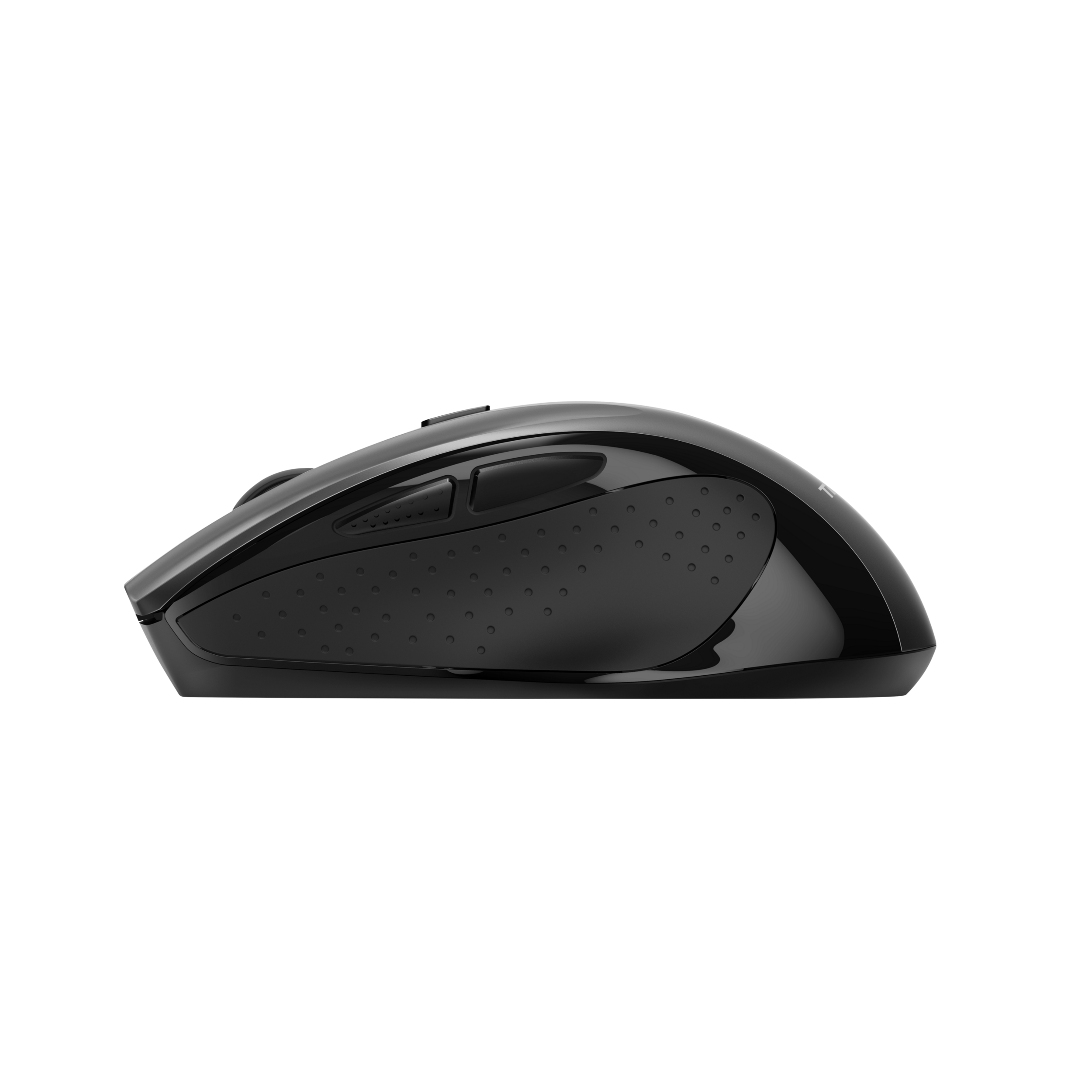 Schwarze Computermaus auf schwarzem Hintergrund. Mit Tasten und schlankem Design.