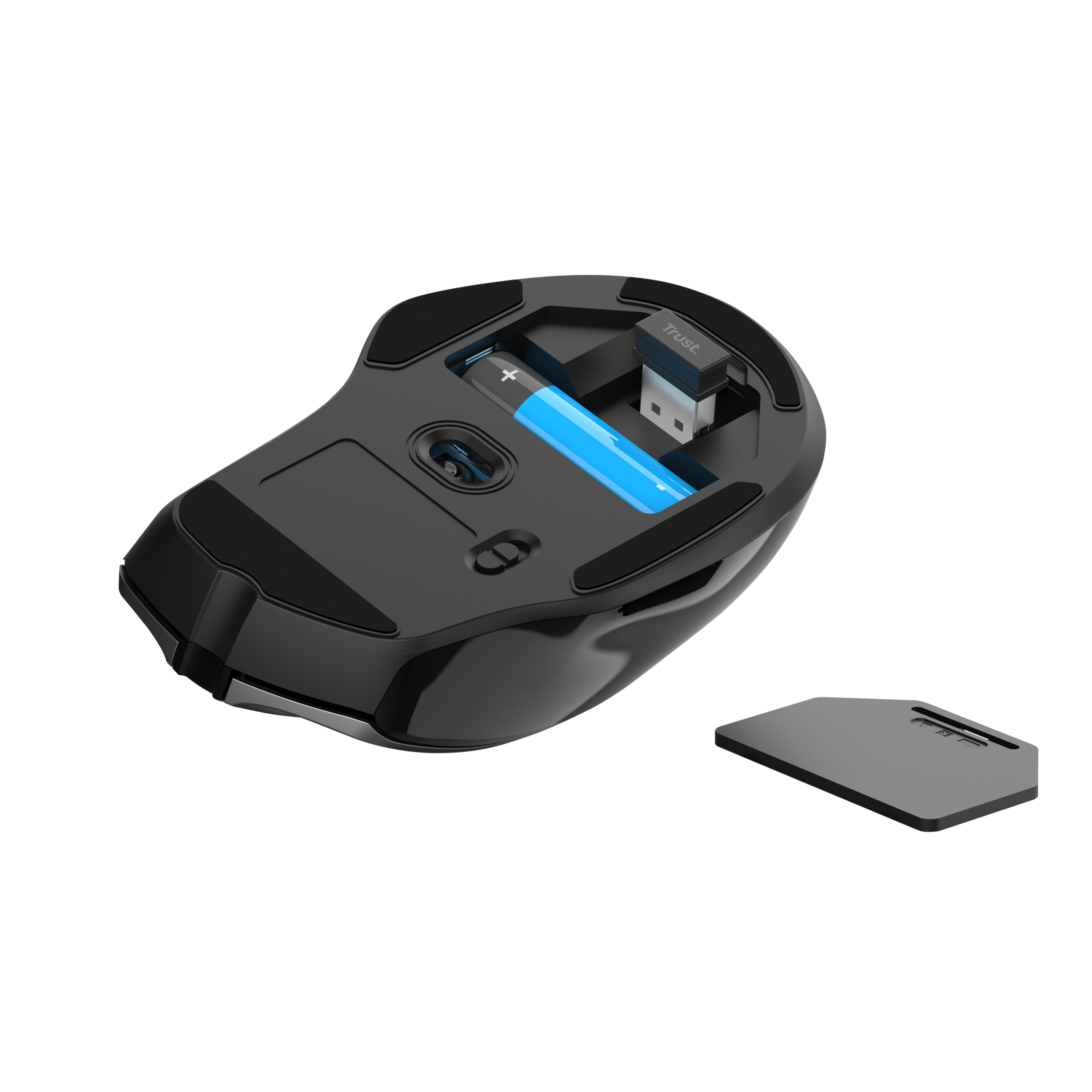 Schwarze Maus mit Batterie und USB-Empfänger. Die Maus befindet sich auf einer schwarzen Oberfläche.