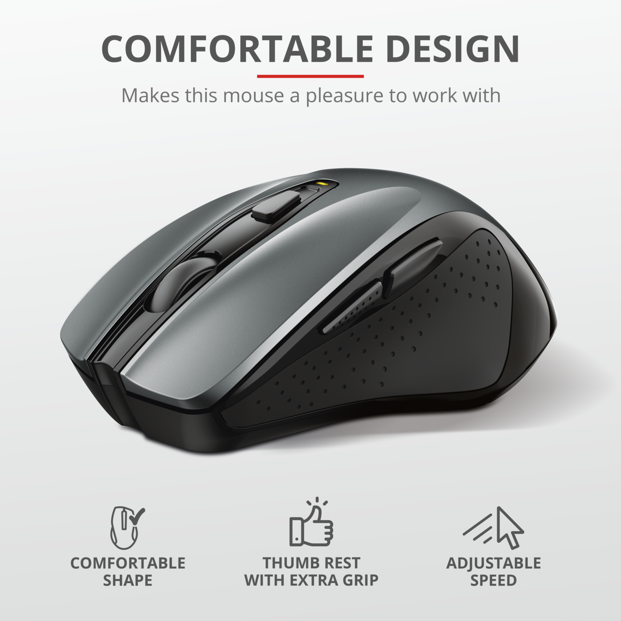 Graue ergonomische Maus mit Seitentasten, zentralem Scrollrad und Text: Comfortable Design.