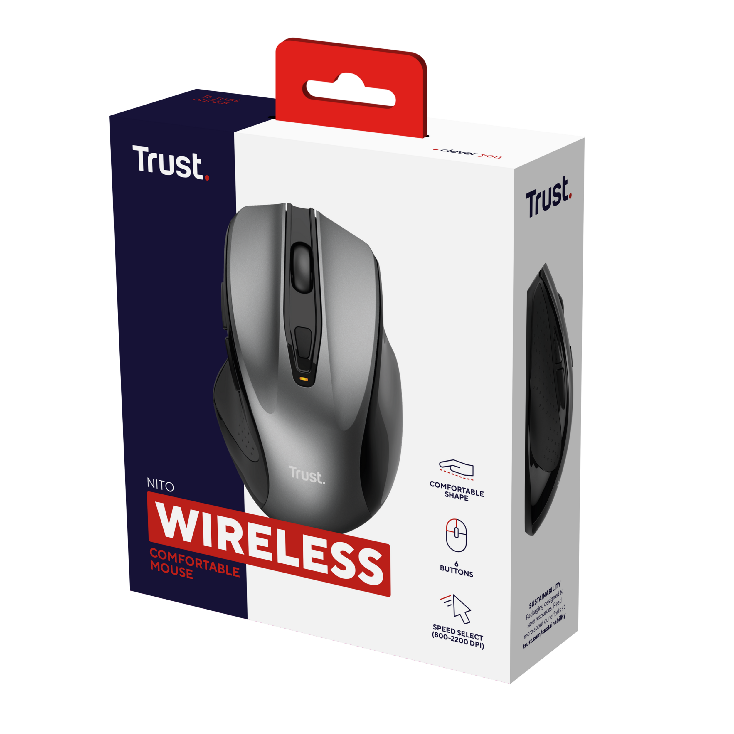 Kabellose Maus in einer Box. Auf der Box steht 'WIRELESS' und 'COMFORTABLE MOUSE'.