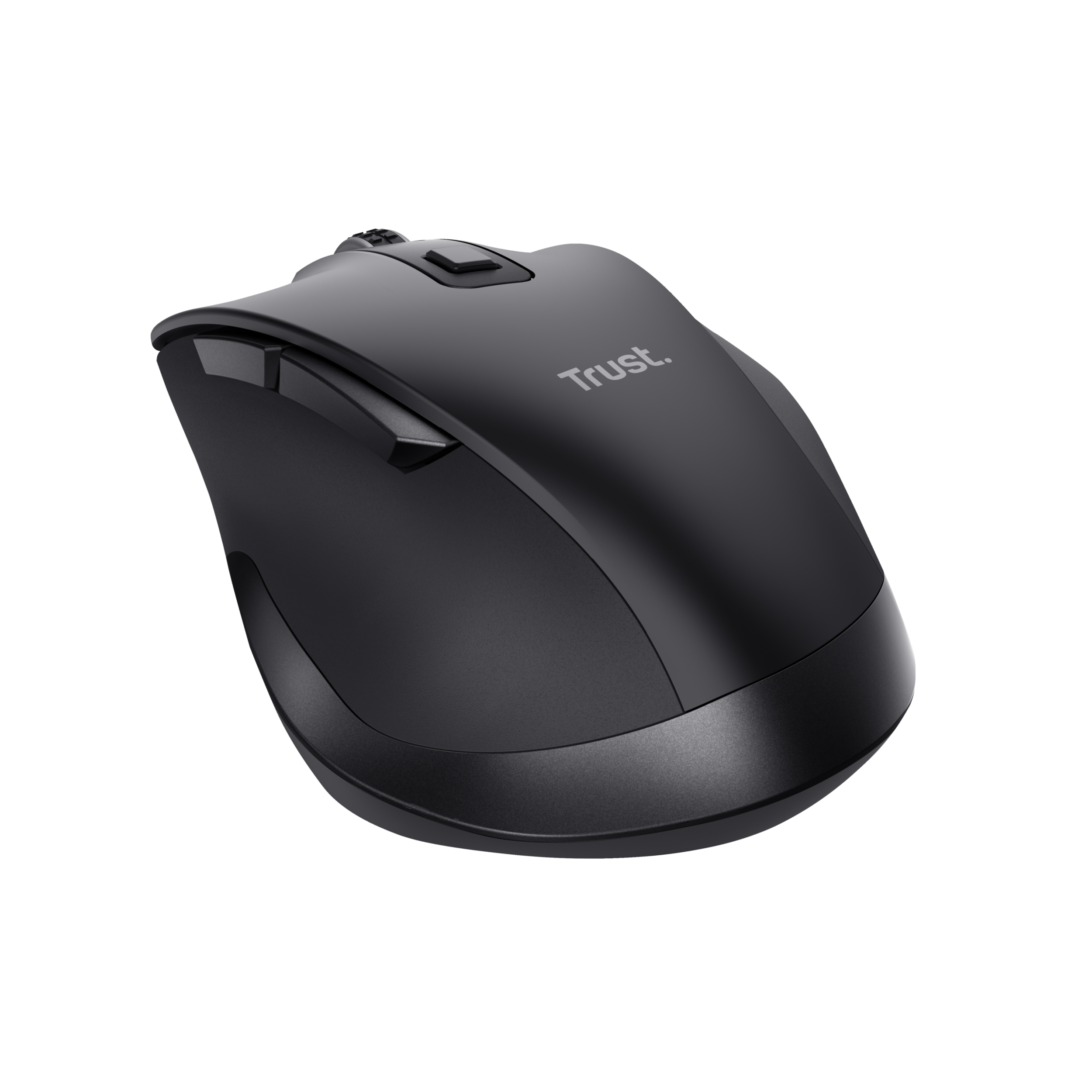 Czarna mysz z dwoma przyciskami po lewej stronie i rolką. Czarne tło.