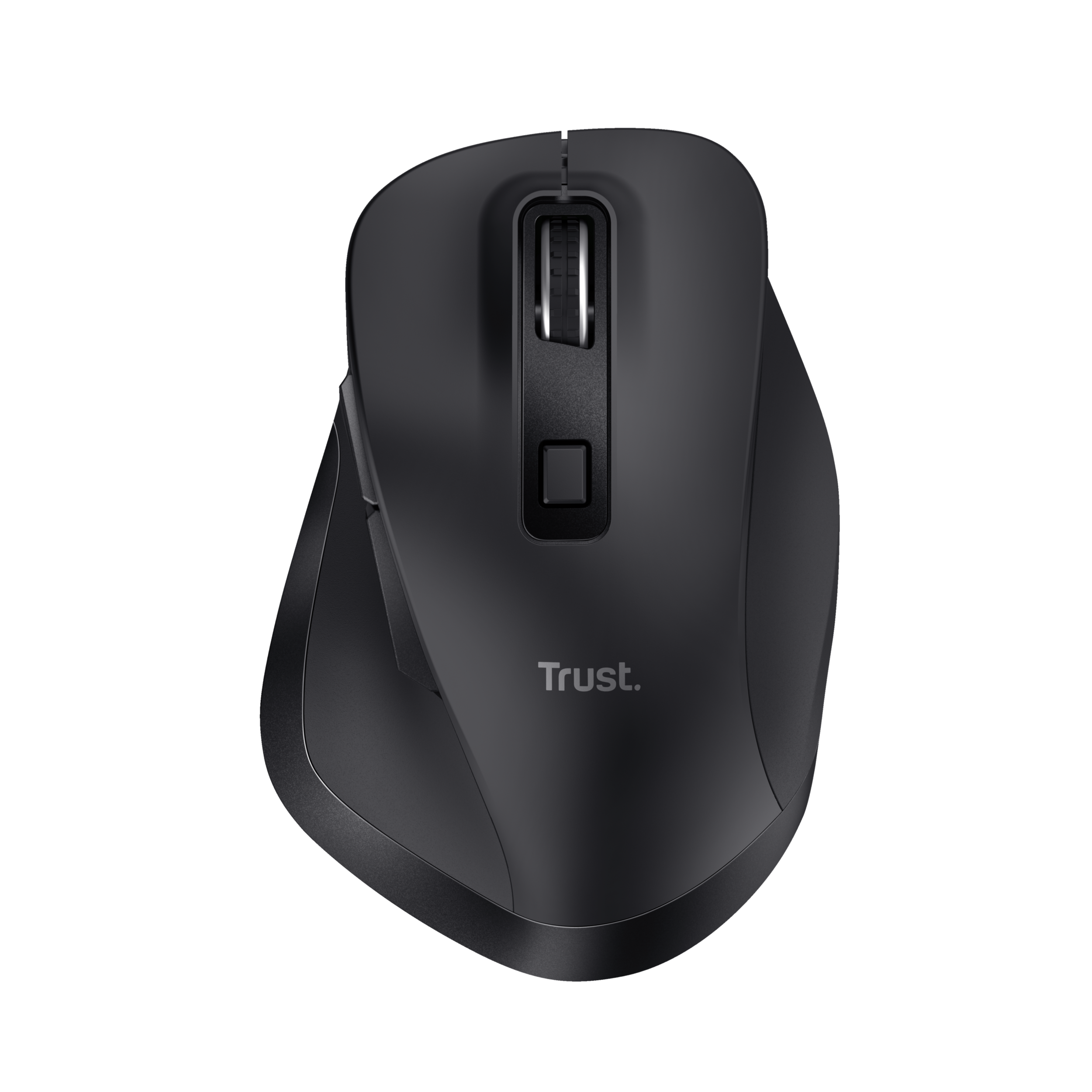 Czarna ergonomiczna mysz komputerowa z kółkiem przewijania i bocznymi przyciskami, na czarnym tle.