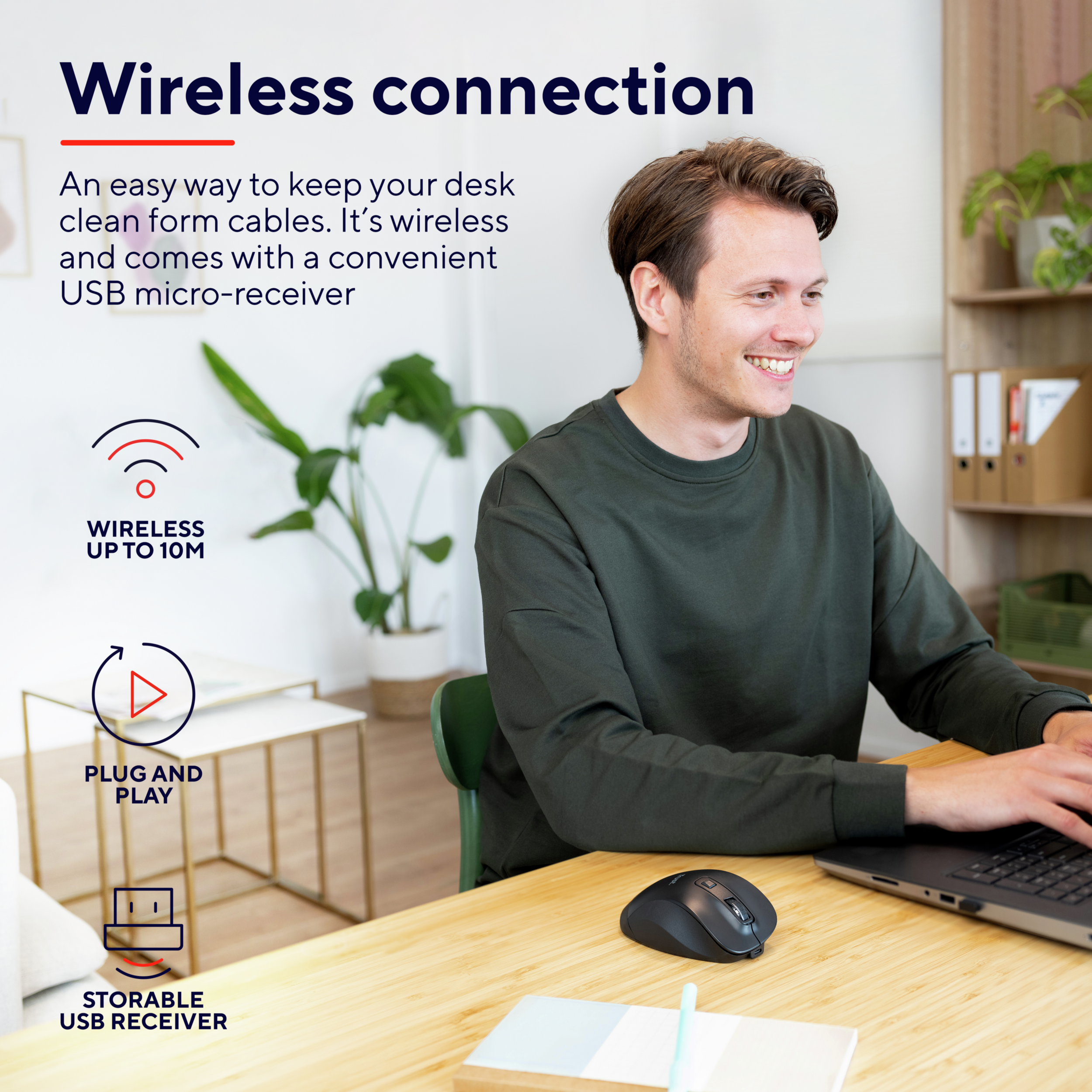 Mężczyzna używa myszy bezprzewodowej na laptopie. Tekst: Połączenie bezprzewodowe i jego funkcje.