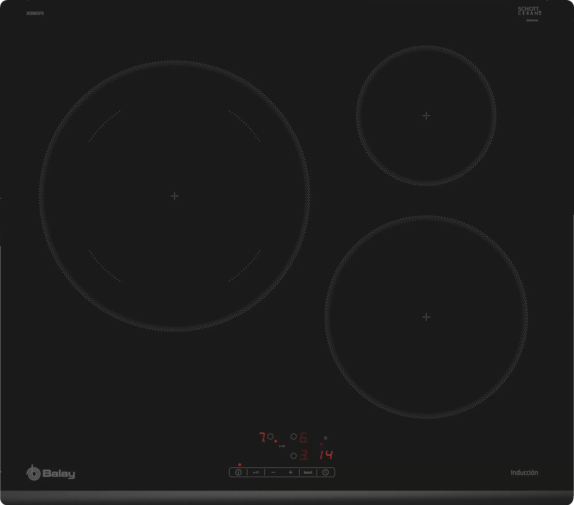 Czarna płyta elektryczna z trzema okrągłymi strefami gotowania i cyfrowym wyświetlaczem u dołu.