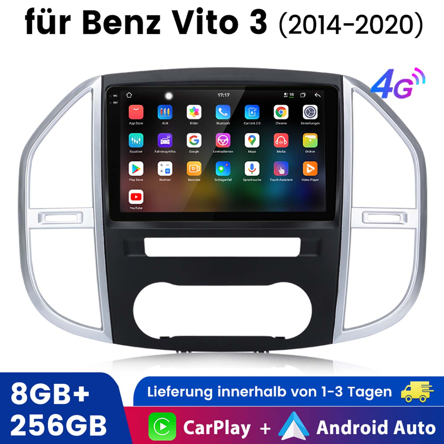 Ein Auto-Multimedia-System. Der Bildschirm zeigt App-Symbole. Unten befinden sich Infos zu 8GB+256GB, CarPlay+ und Android Auto.
