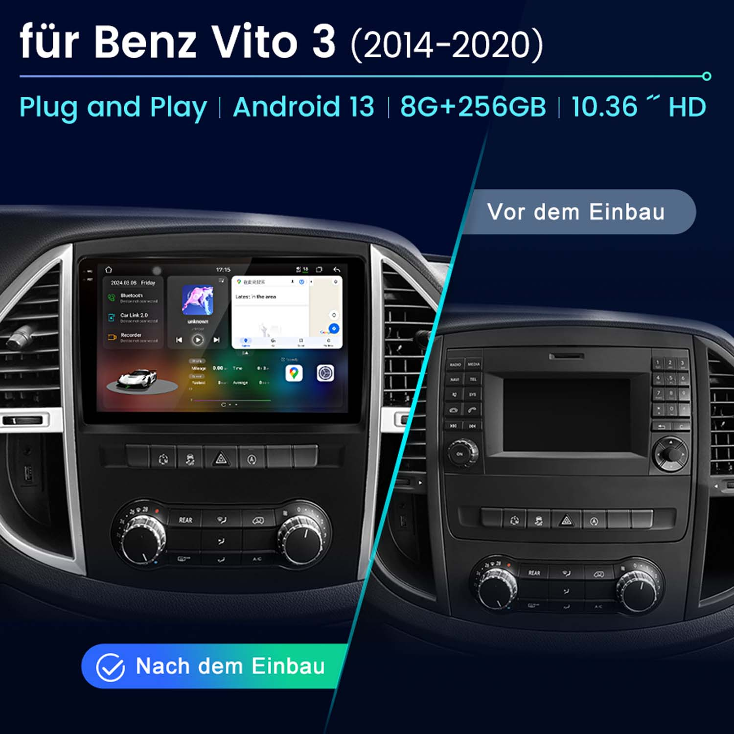 Auto-Armaturenbrett vor und nach der Installation mit Text auf Deutsch.