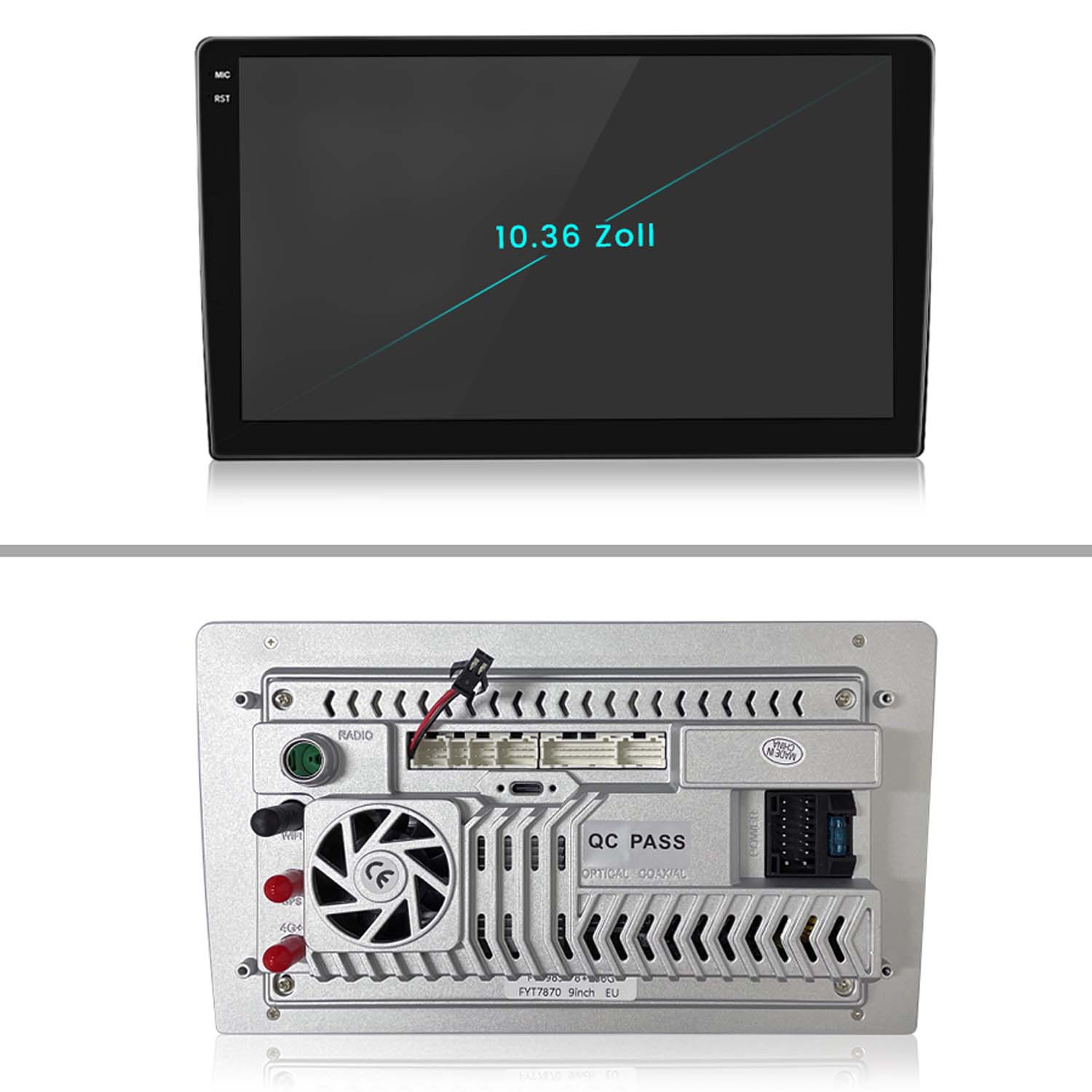 Ein Autoradio mit Bildschirm und Rückseite, die verschiedene Teile zeigen.