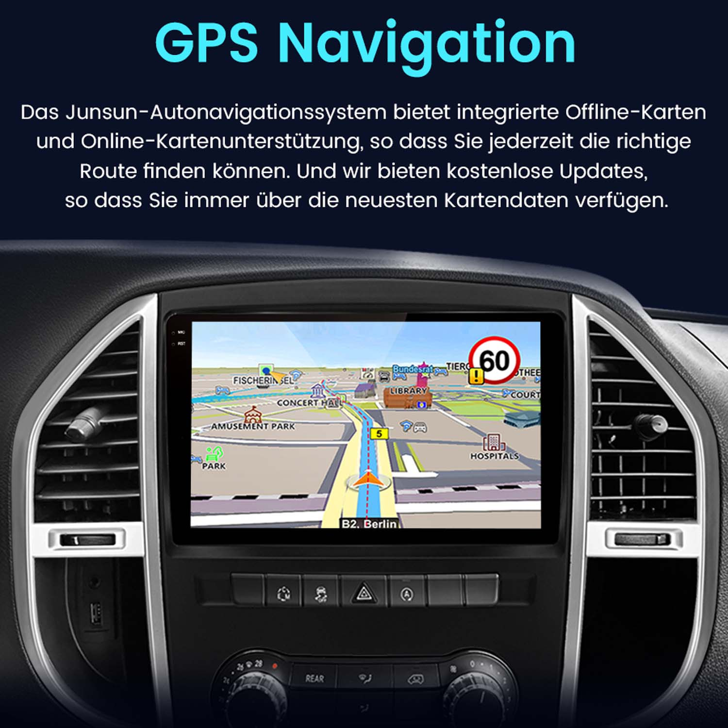 Auto-Armaturenbrett mit GPS-Navigationsbildschirm, der eine Karte mit Route zeigt. Das Armaturenbrett ist schwarz.