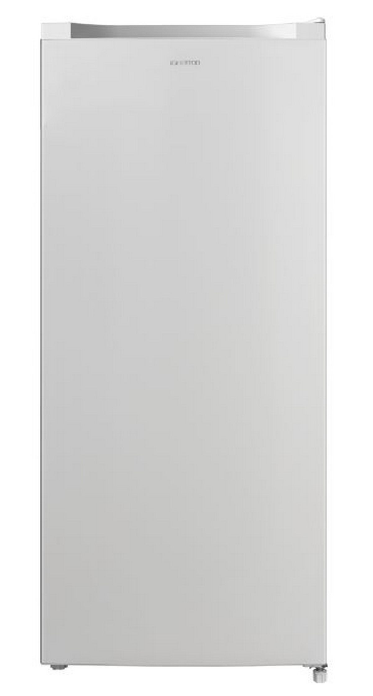 Un refrigerador alto y blanco con un diseño simple, de pie sobre un fondo blanco.
