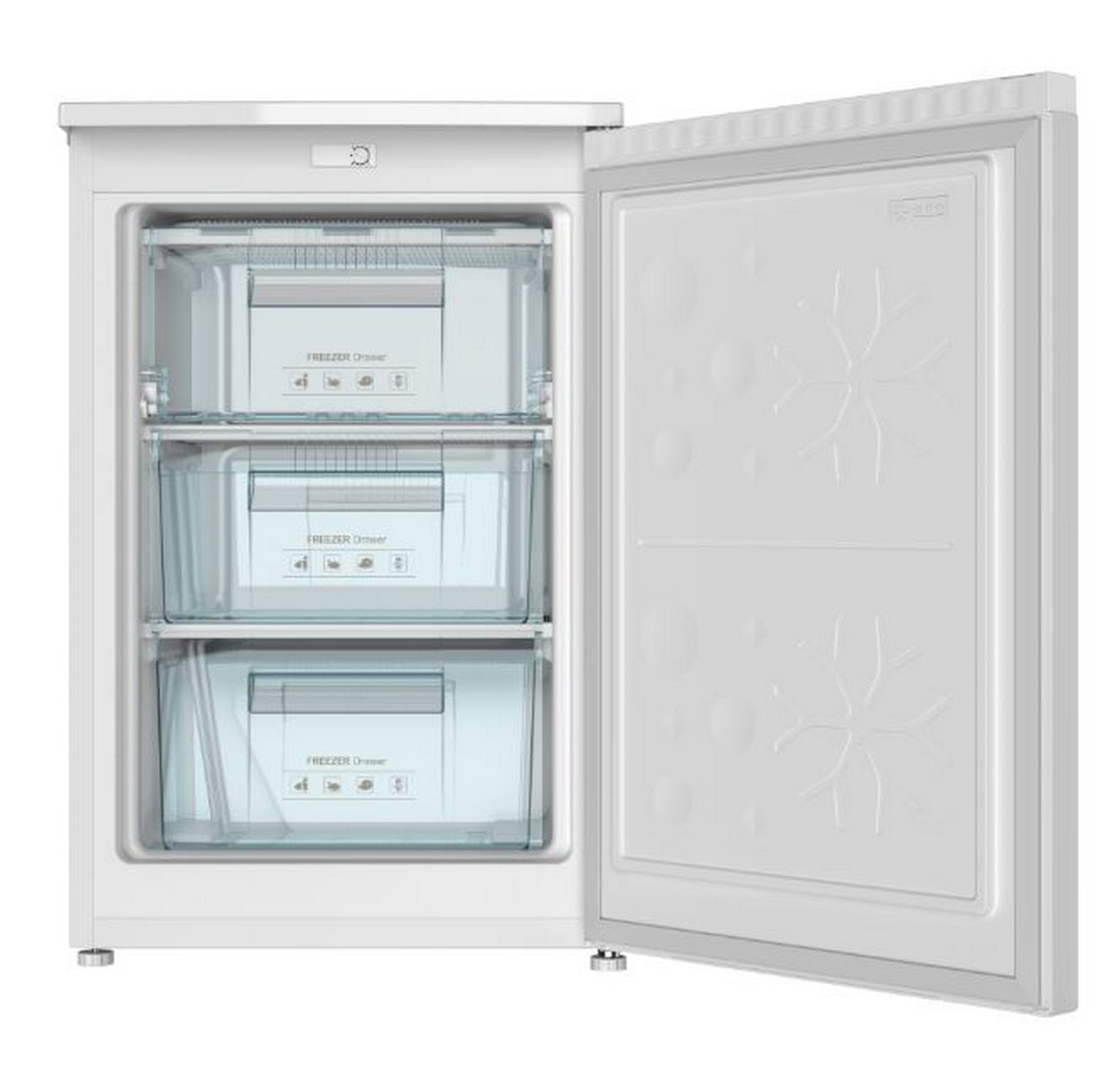 Congelador blanco, puerta abierta, mostrando tres cajones.