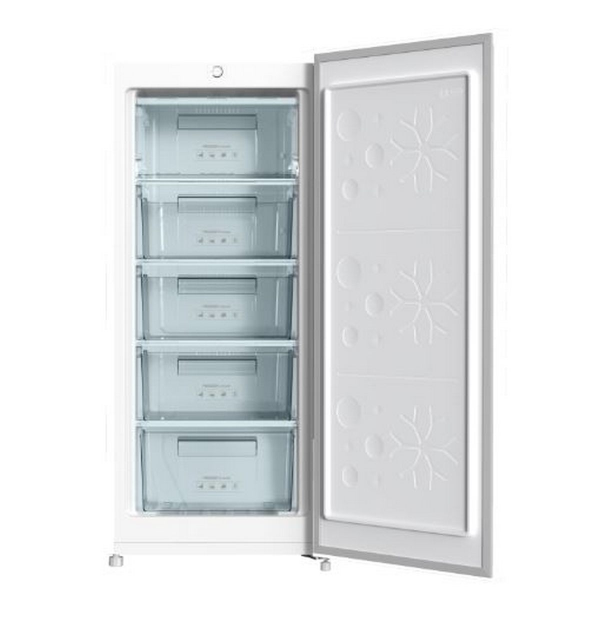 Un congelador blanco con cuatro cajones y la puerta abierta, mostrando el interior.