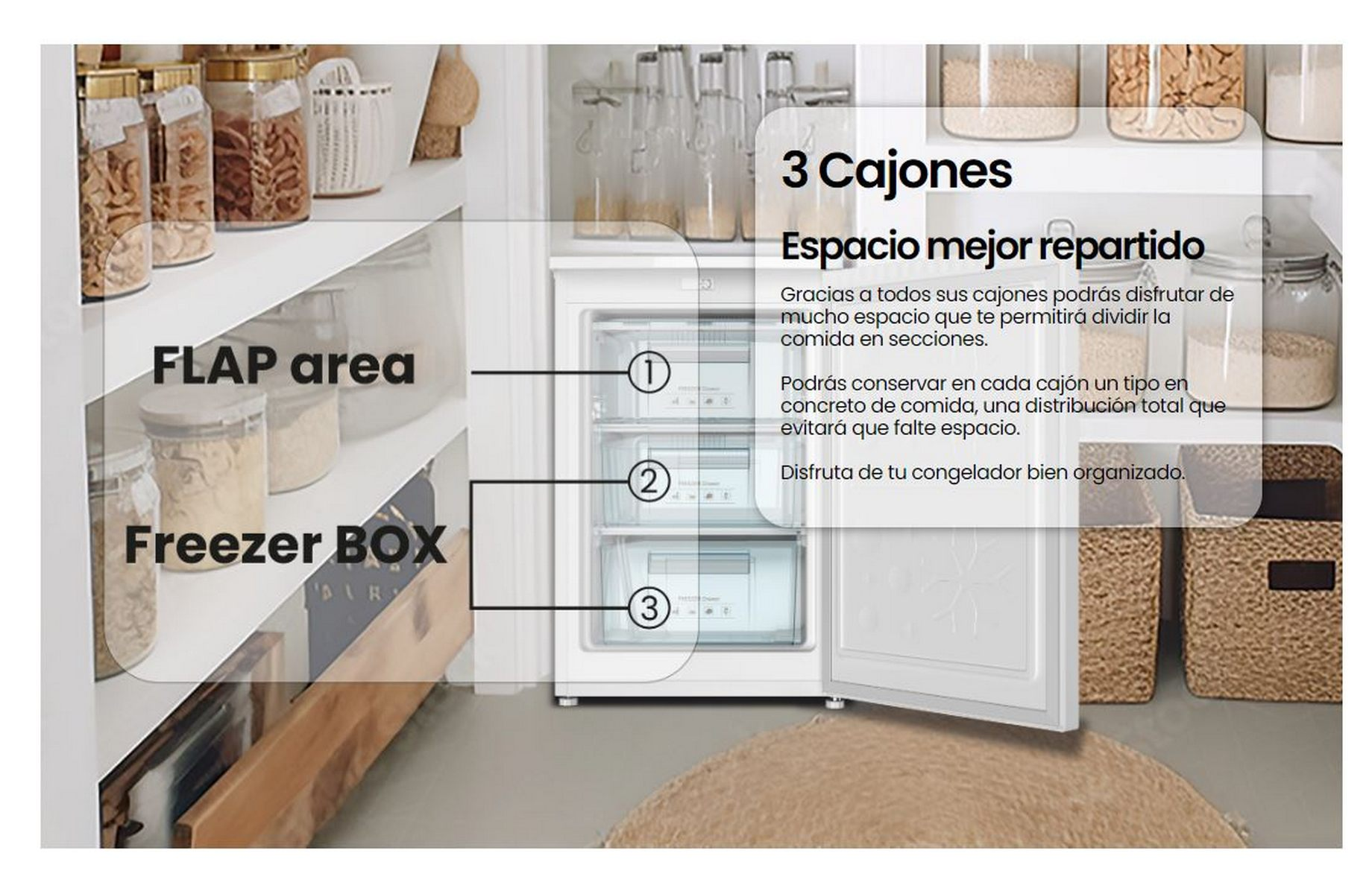 Interior de refrigerador con tres cajones etiquetados 1, 2, 3. Texto en español.