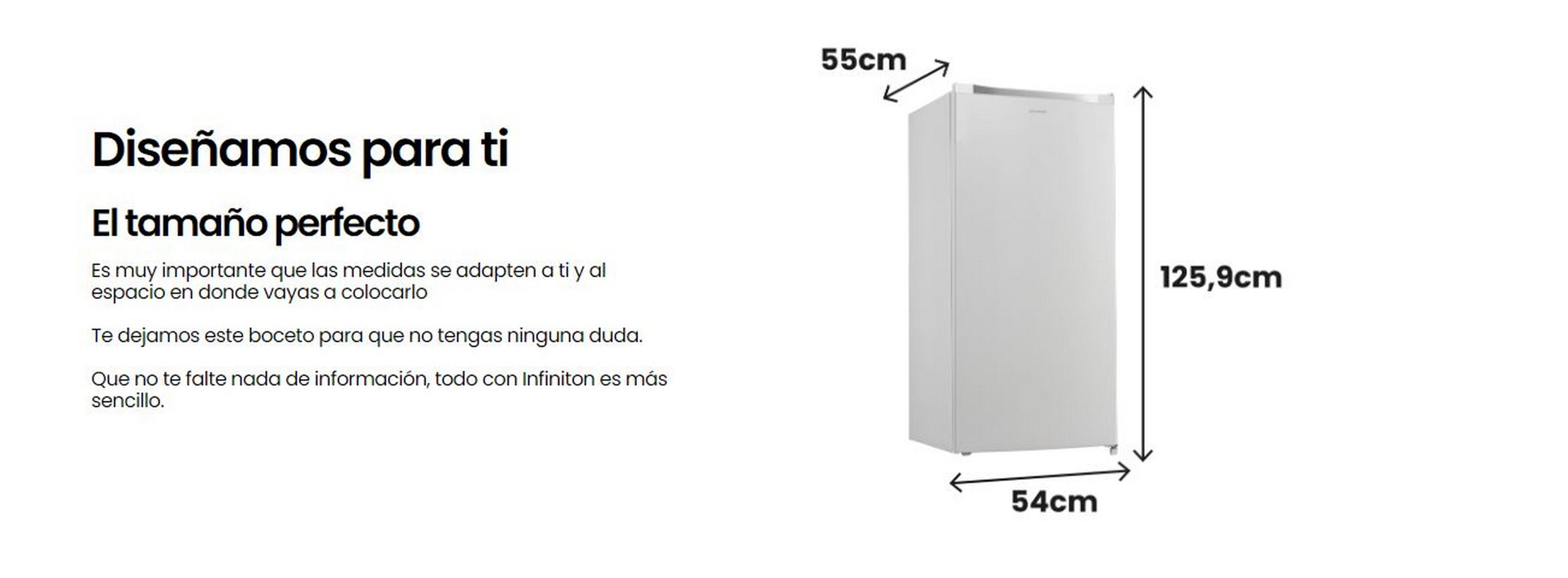 Un refrigerador blanco con dimensiones etiquetadas en un espacio blanco y texto.