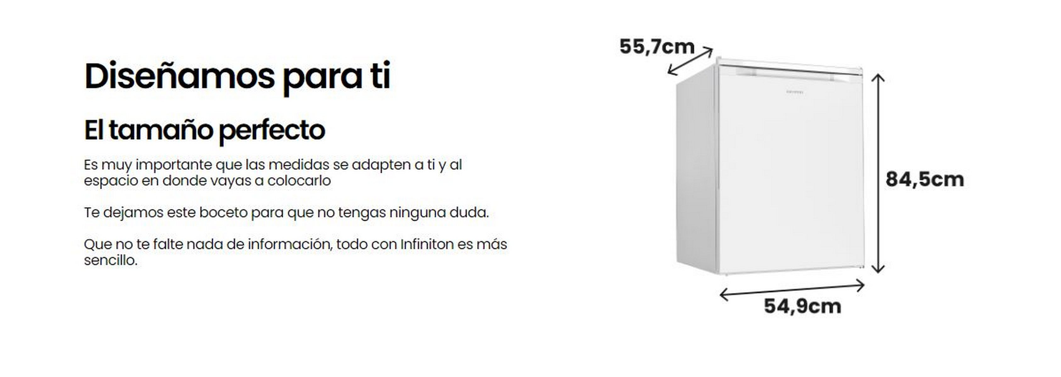 Mininevera blanca. Las dimensiones se enumeran en texto español. Fondo blanco.