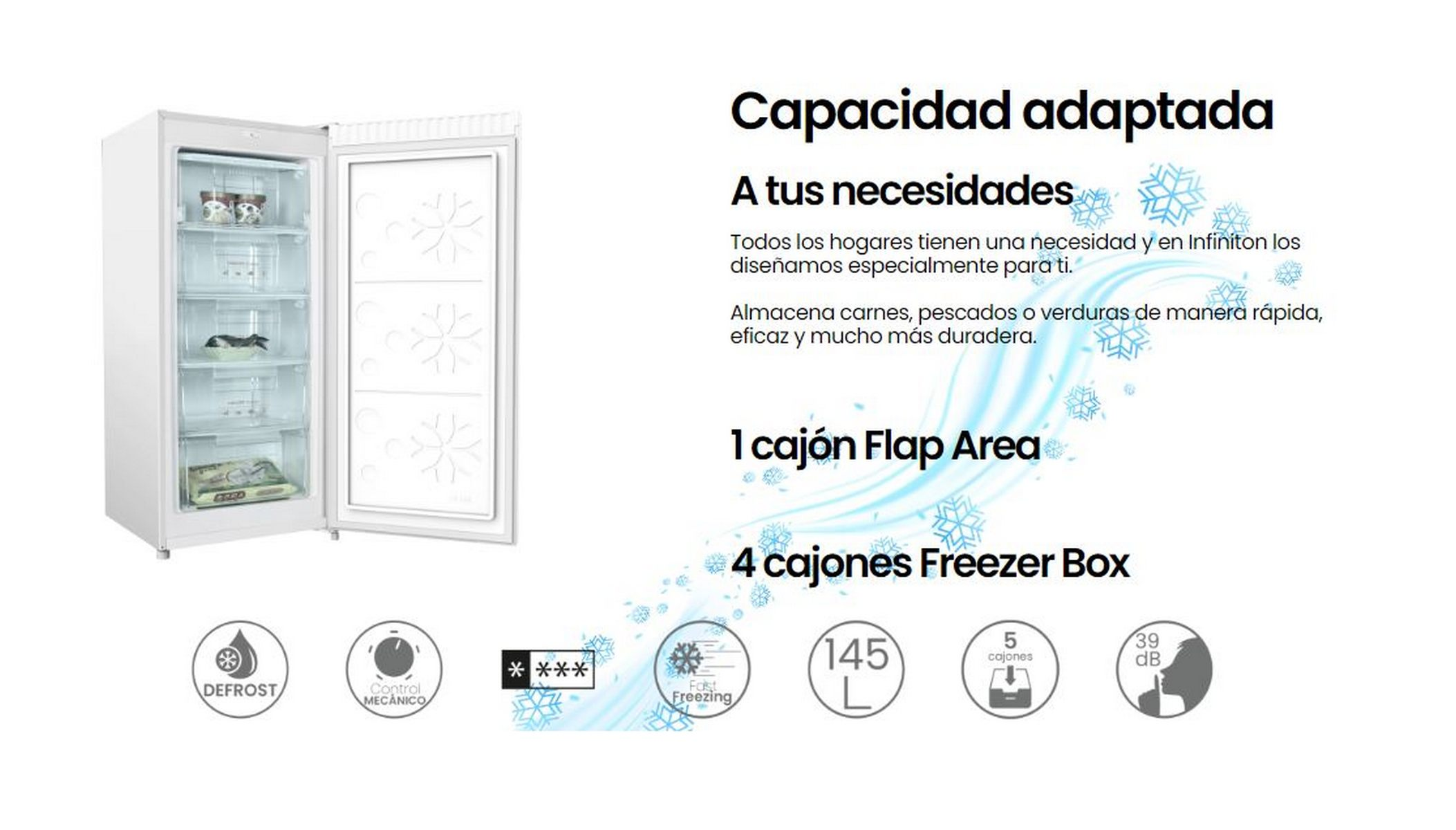 Refrigerador blanco con la puerta abierta, mostrando estantes y comida. Texto sobre el frigo.