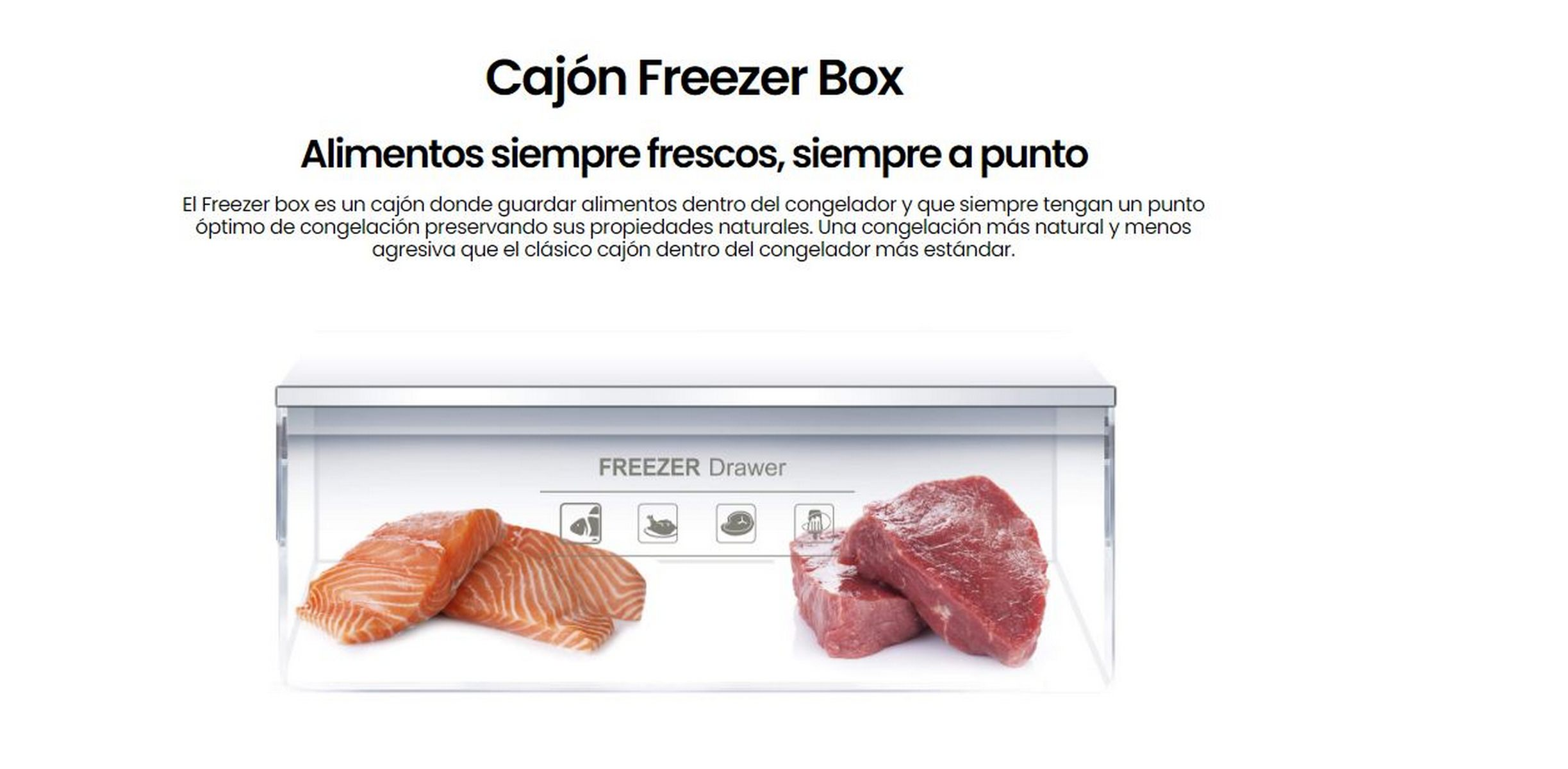 Primer plano de un cajón de congelador con salmón y carne, texto arriba.