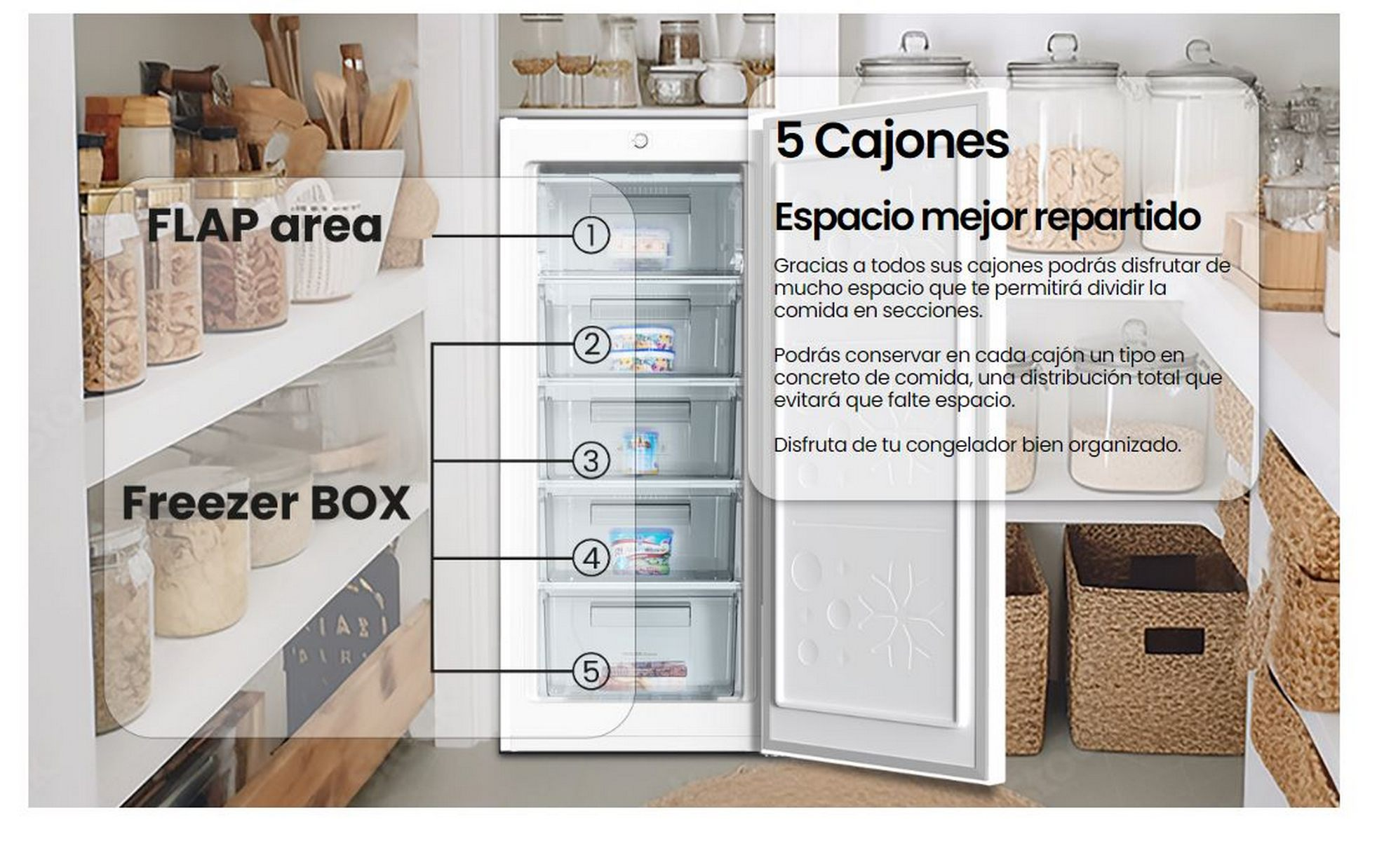 Congelador con 5 cajones abiertos. Estantes llenos de comida, etiquetas de texto.