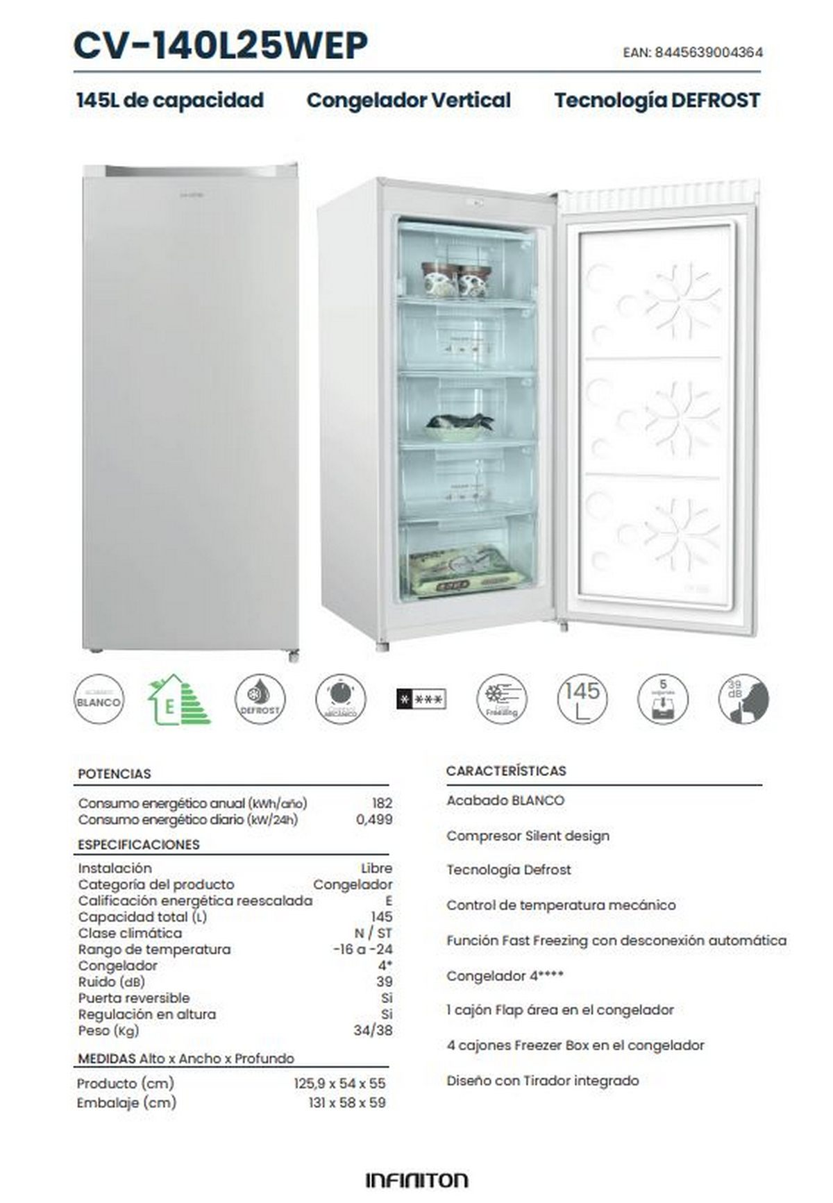Congelador vertical blanco. Abierto, mostrando estantes con comida. Etiquetas de texto, especificaciones. Texto en español.