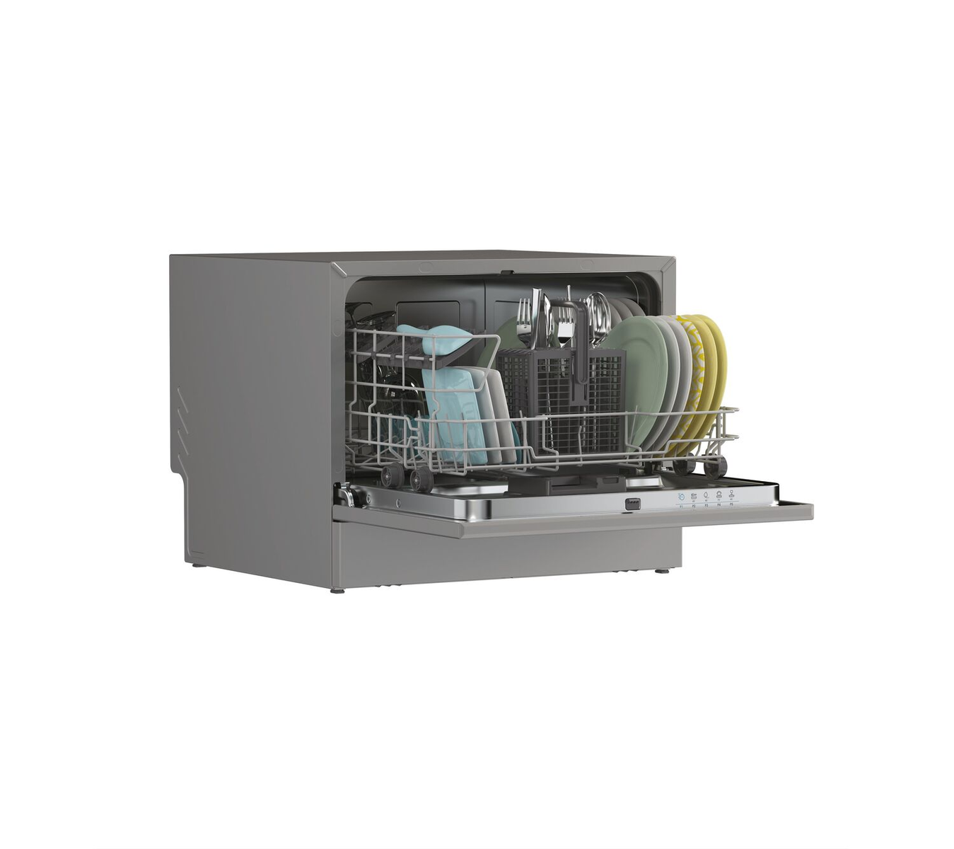 Szara zmywarka z otwartymi drzwiami, odsłaniająca naczynia, szklanki i sztućce wewnątrz koszy.