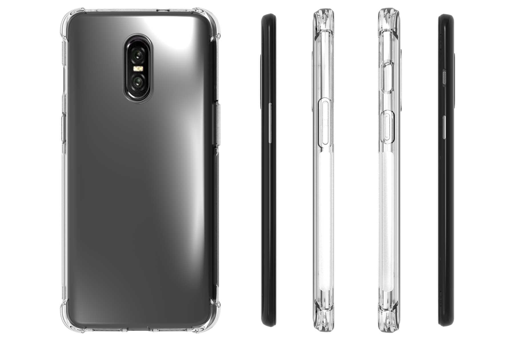 Schwarzes Telefon in einer transparenten Hülle. Seitenansicht zeigt Knöpfe und die Hülle.