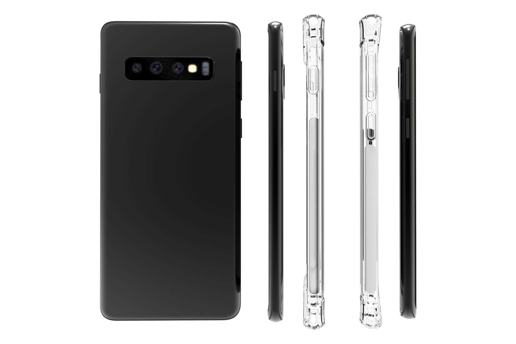 Ein schwarzes Mobiltelefon mit einem rechteckigen Kameramodul auf der Rückseite. An der Seite befinden sich Tasten und eine klare Hülle.
