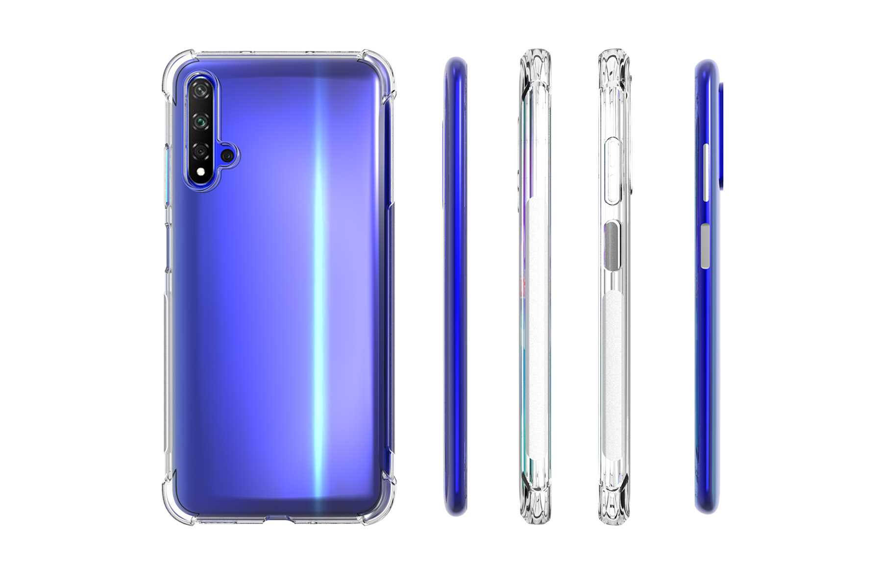 Eine Handyhülle mit transparenten Seiten und klarer Rückseite über einem blauen Telefon.