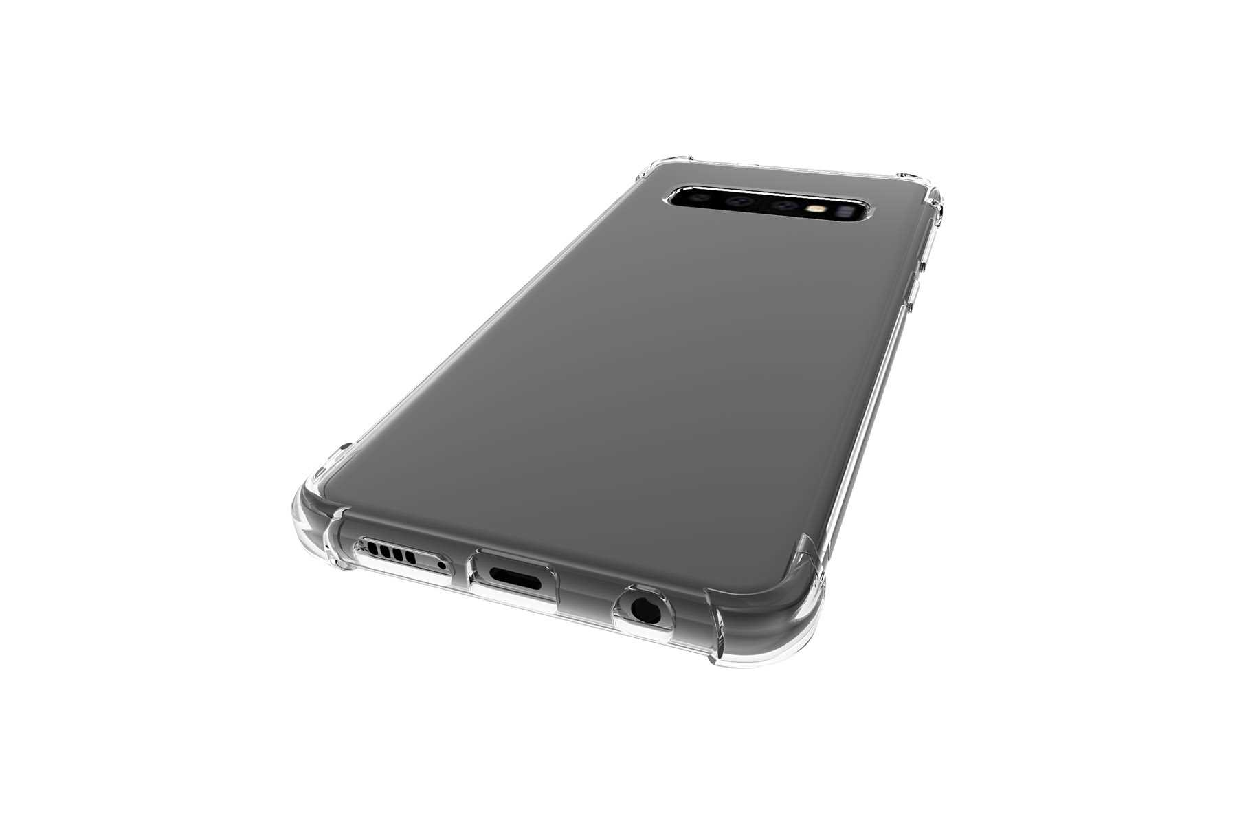Eine transparente Handyhülle auf einem Telefon. Das Telefon ist grau und die Hülle ist klar.