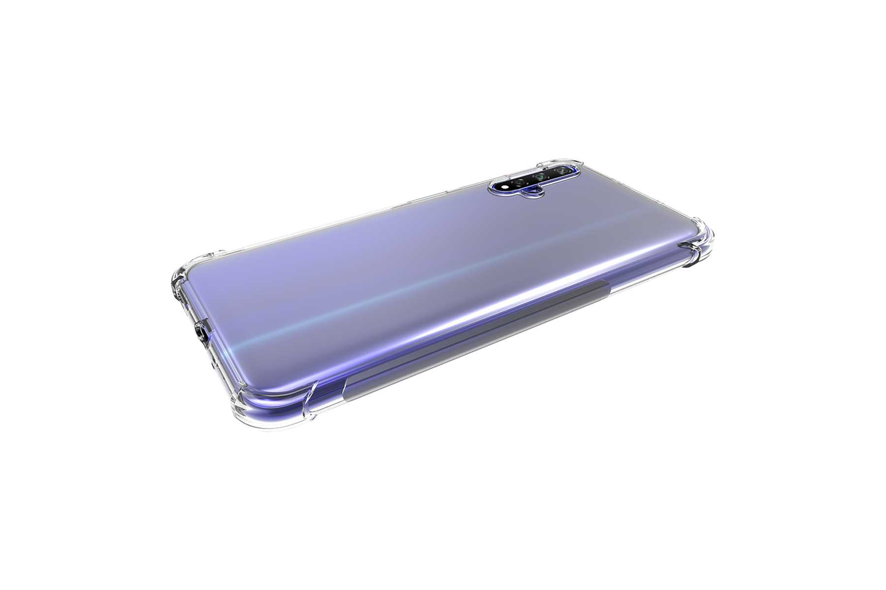 Eine transparente Handyhülle auf einem lila Telefon. Die Hülle ist transparent und bedeckt die Ränder.