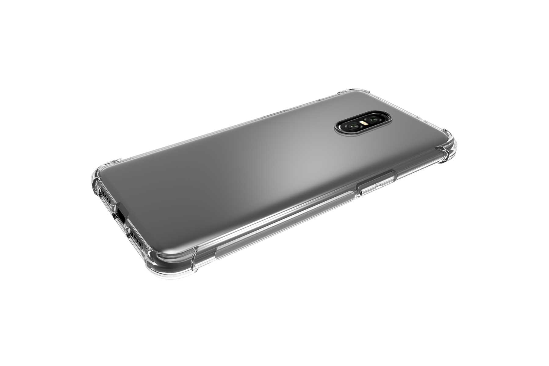 Schwarzes Telefon in klarer Hülle, schräge Ansicht. Klare Hülle, weißer Hintergrund, glänzende Oberfläche.