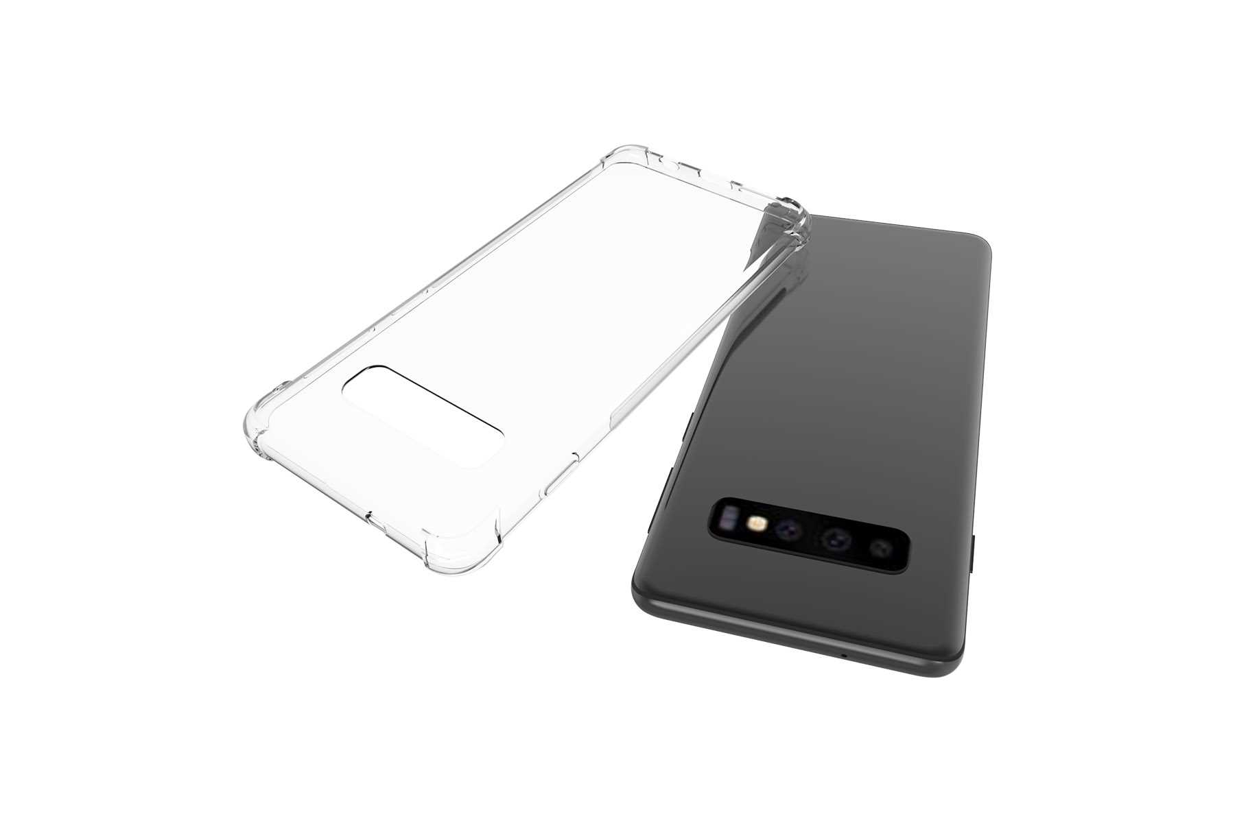 Ein schwarzes Telefon mit einer transparenten Hülle, das auf einer weißen Oberfläche liegt, wobei die Hülle getrennt ist.