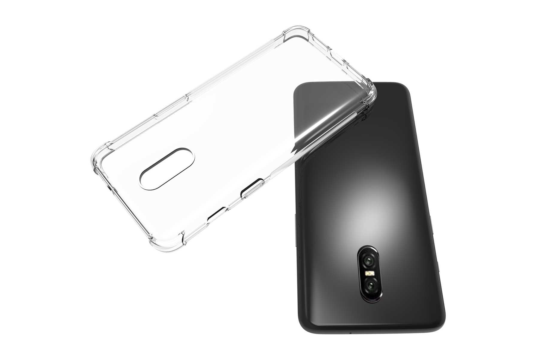 Transparente Handyhülle über einem schwarzen Smartphone. Der Hintergrund ist weiß.