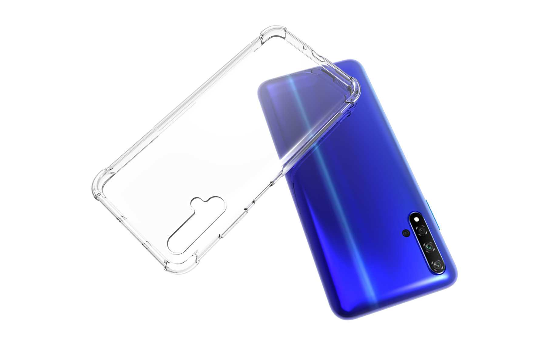 Eine transparente Handyhülle liegt auf einem blauen Telefon. Die Hülle ist transparent und zeigt das Design.