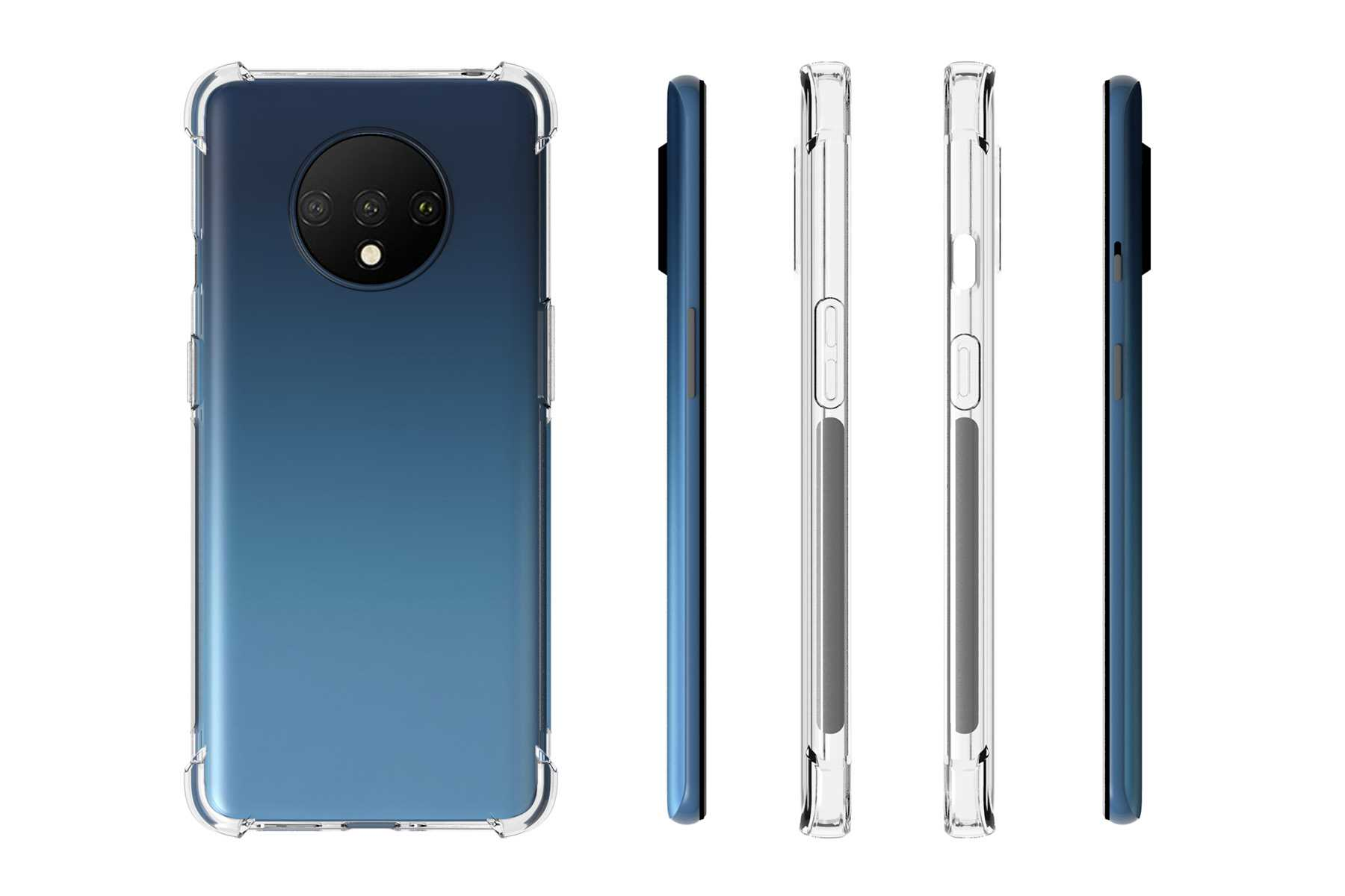 Smartphone in einer transparenten Hülle, mehrere Ansichten: Rückseite, Seite und Kante.