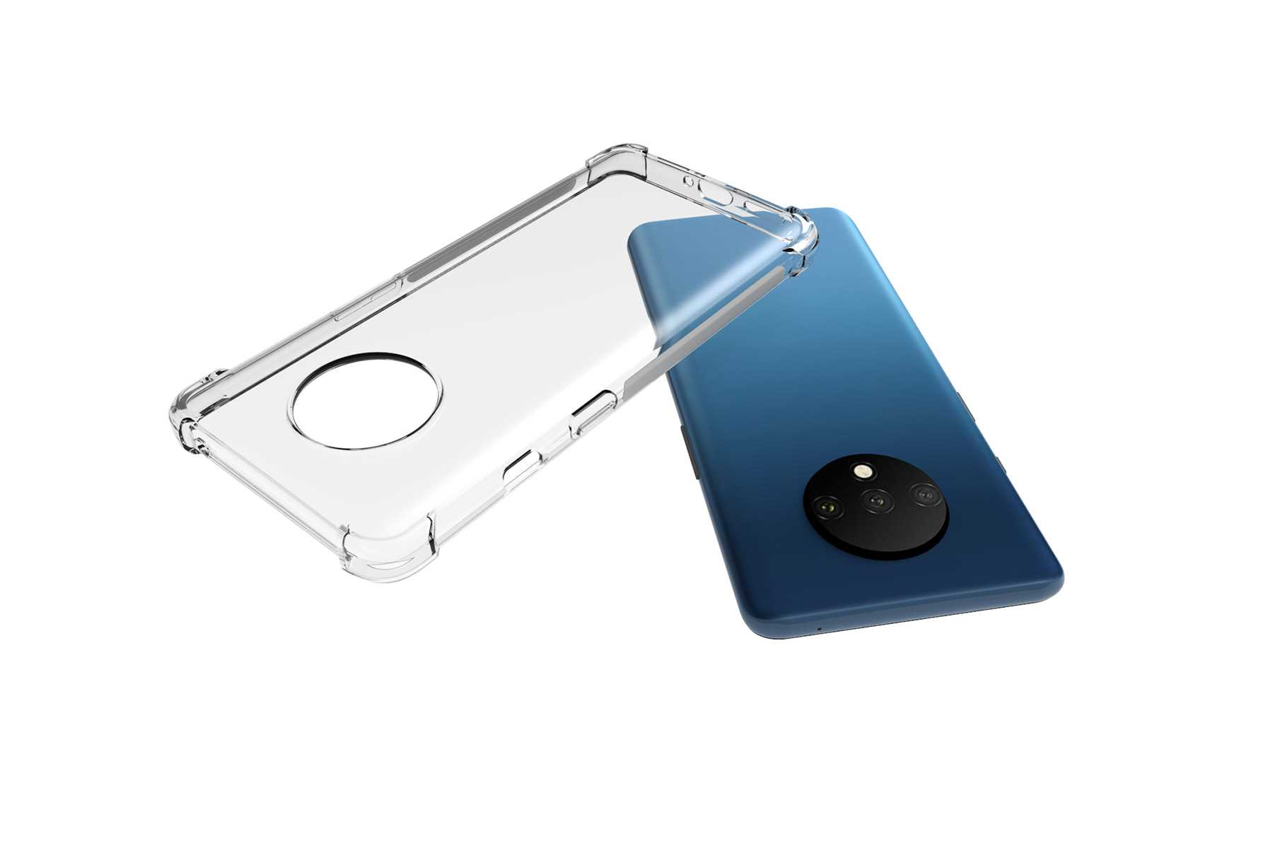 Blaues Telefon mit transparenter Hülle. Telefon ist angewinkelt, zeigt Rückseite, Kamera und Hülle.