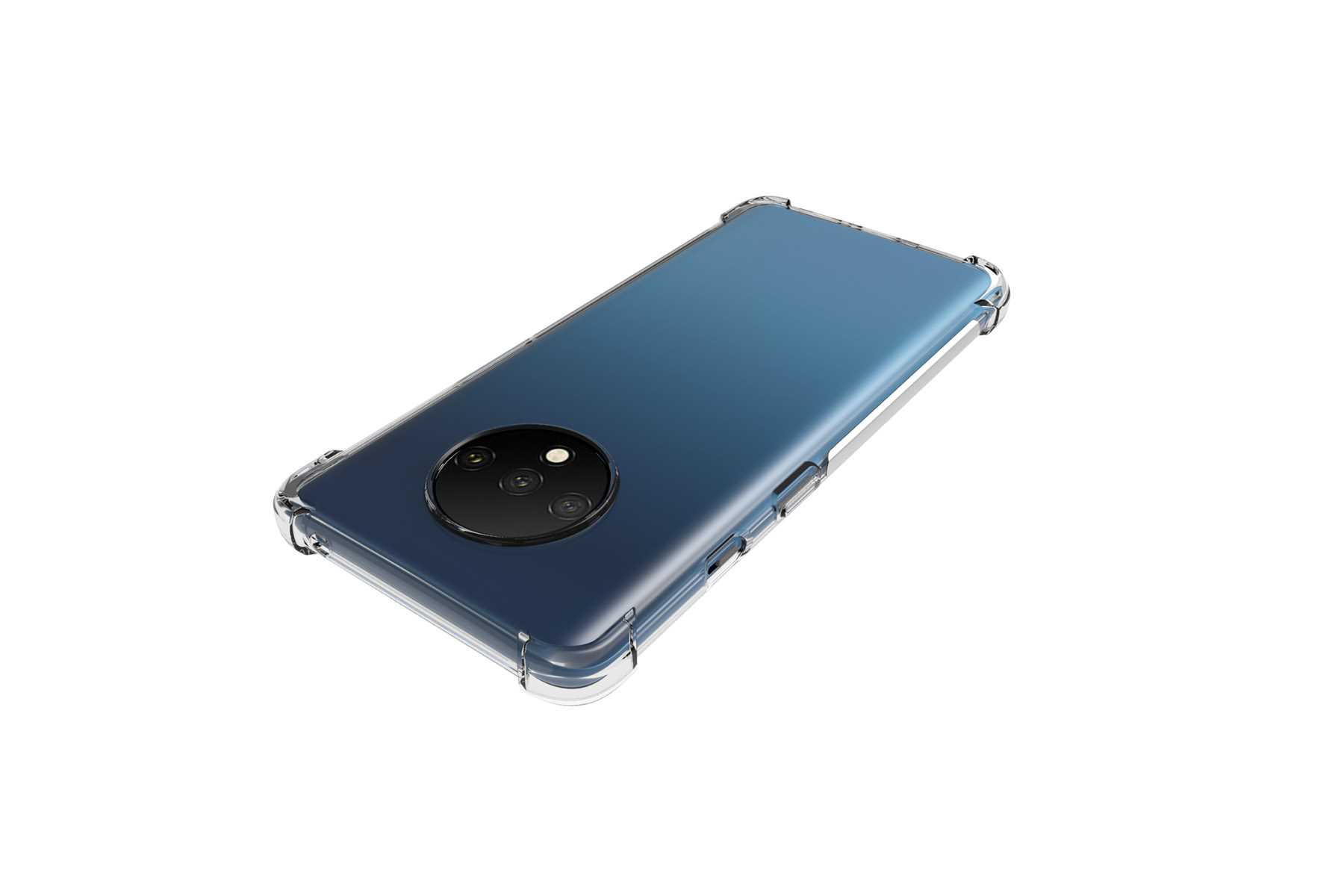 Ein blaues Telefon in einer transparenten Hülle. Die Hülle hat verstärkte Ecken für zusätzlichen Schutz.