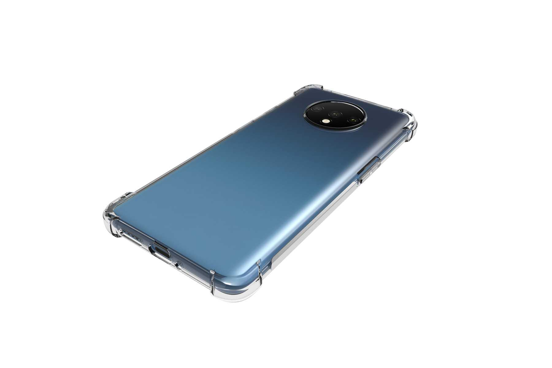 Blaues Telefon in einer transparenten Schutzhülle. Das Telefon befindet sich auf weißem Hintergrund.