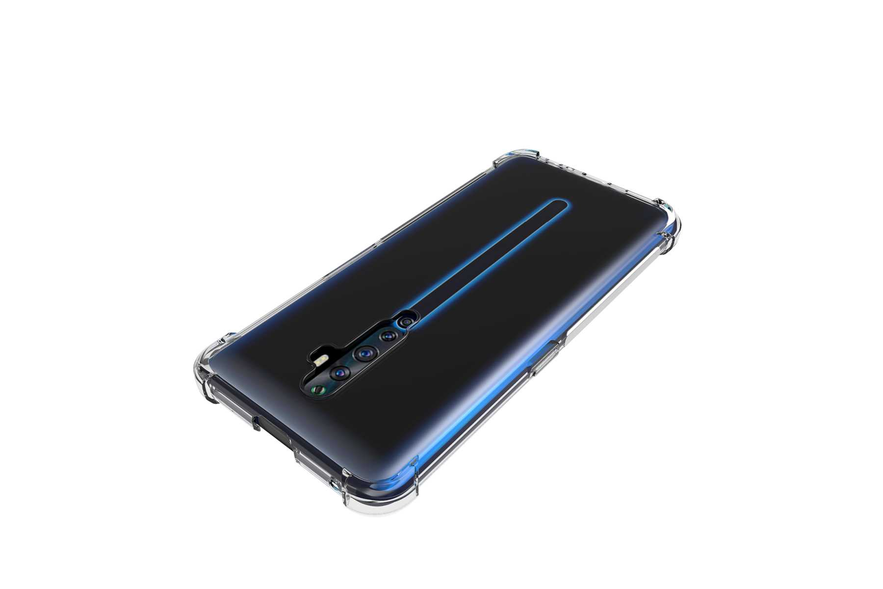 Rückseite eines schwarzen Telefons mit blauer Linie. Transparente Schutzhülle.