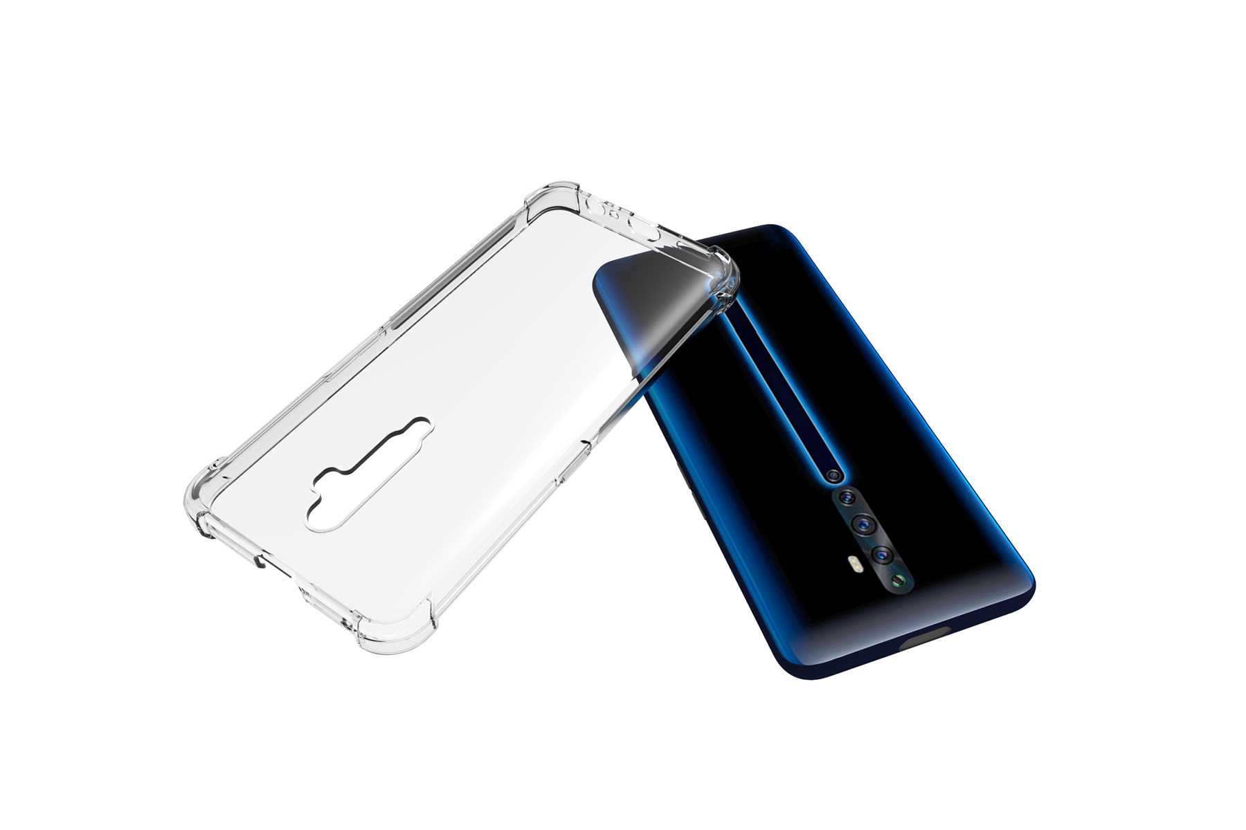 Eine transparente Handyhülle liegt neben einem blauen Telefon. Die Hülle ist offen, das Telefon hat Kameras.
