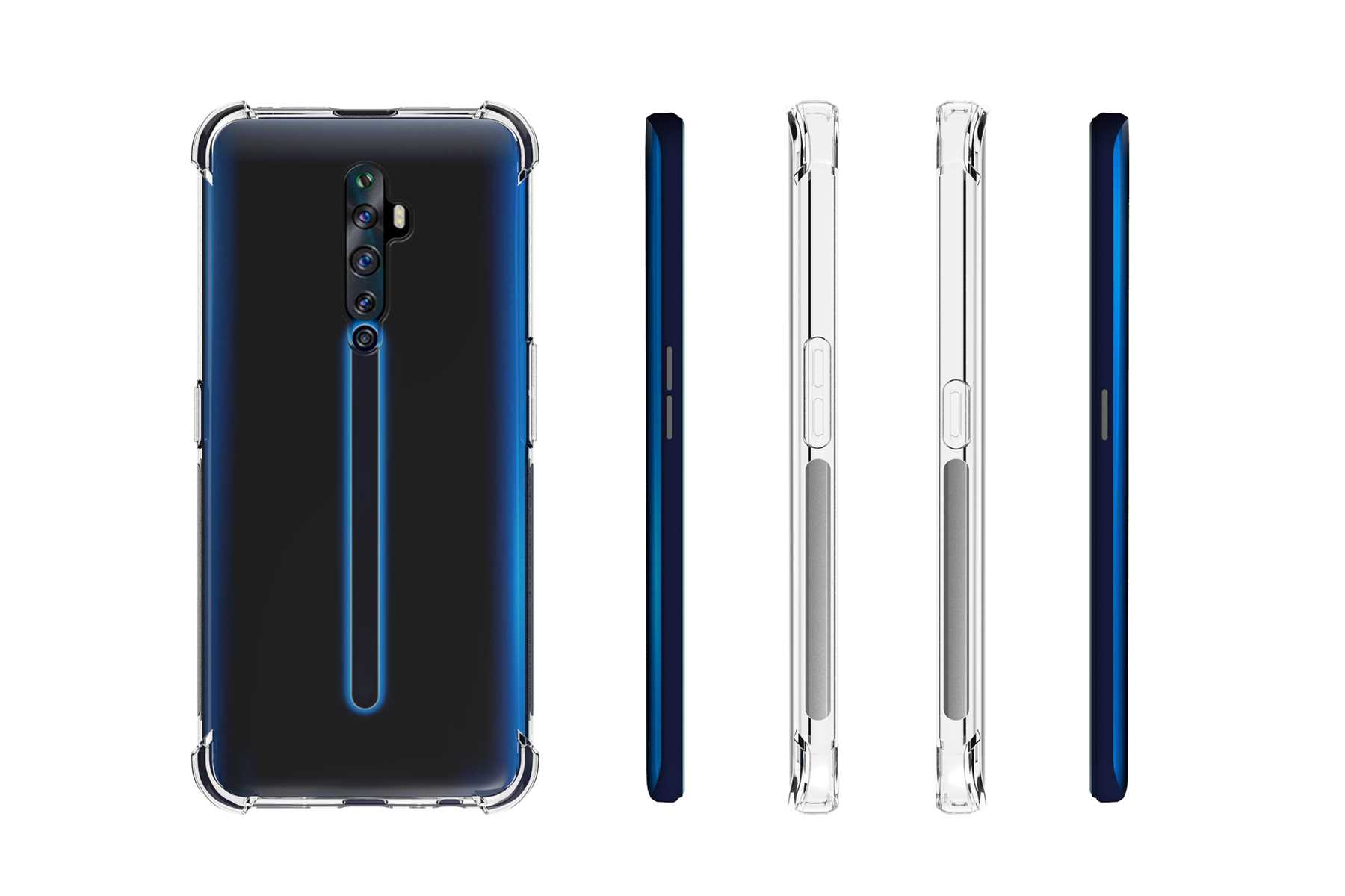 Schwarze Handyhülle mit einem dunkelblauen Telefon darin, verschiedene Seitenansichten.
