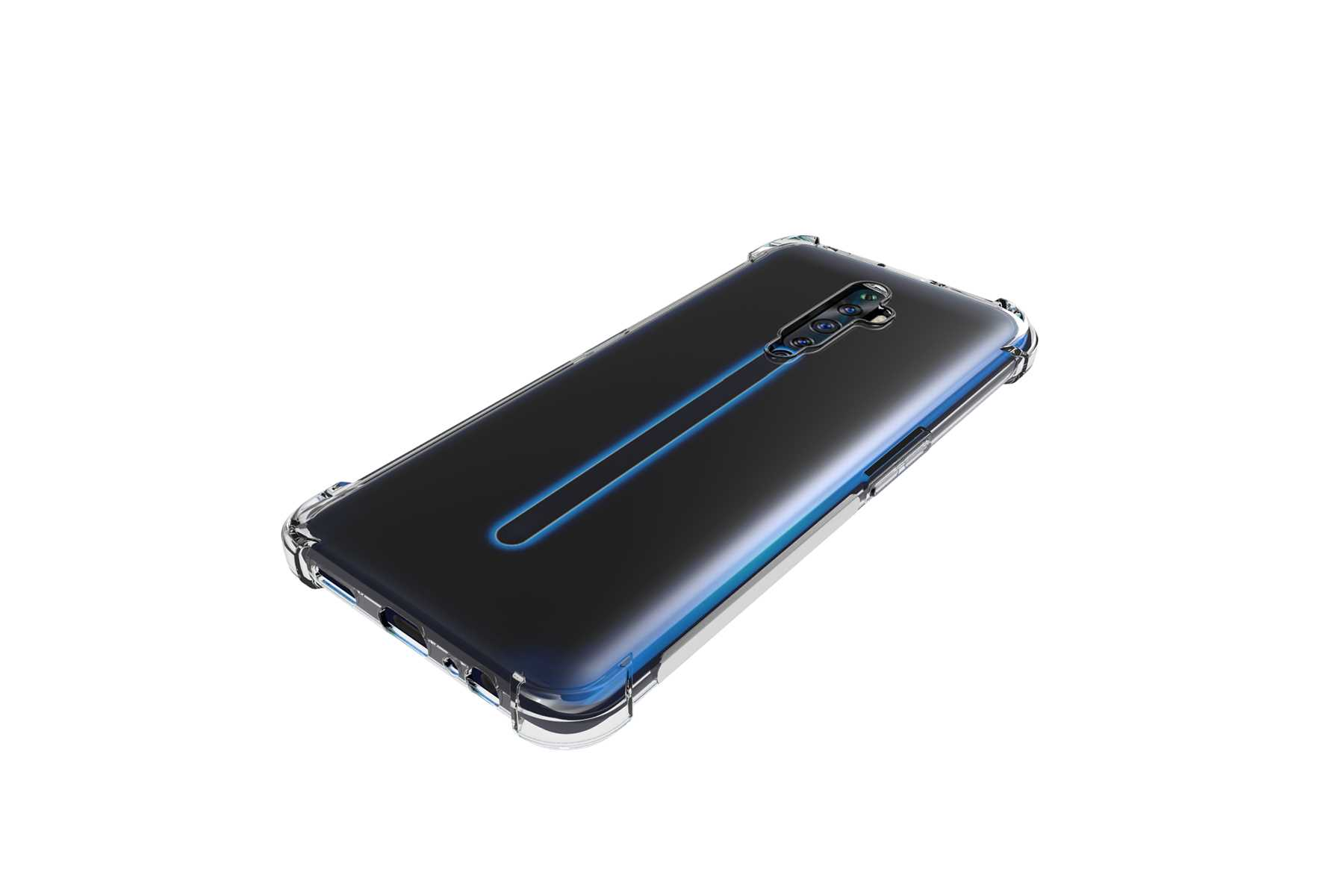 Ein schwarzes Telefon in einer transparenten Hülle mit blauen Akzenten.