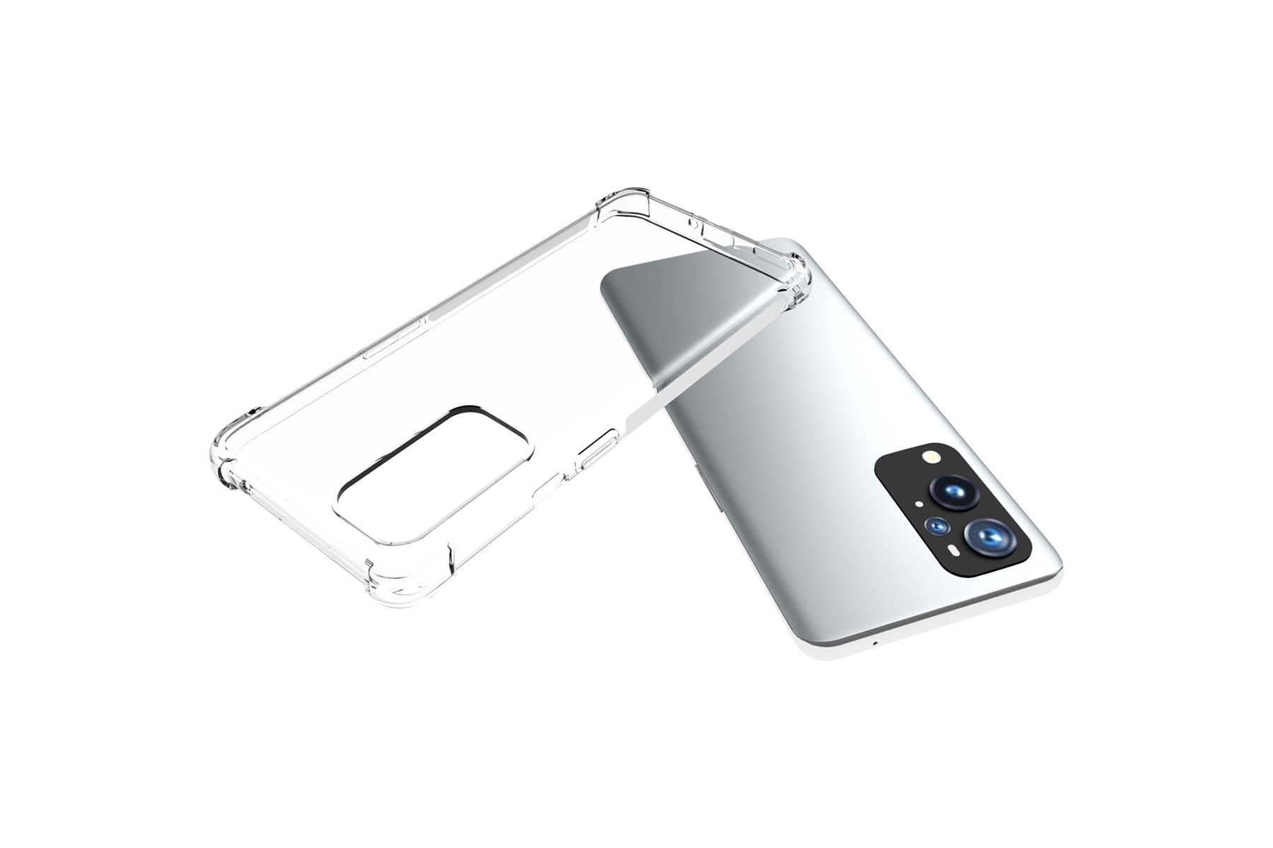Transparente Handyhülle neben einem silbernen Telefon, zeigt die Rückseite und die offene Hülle.