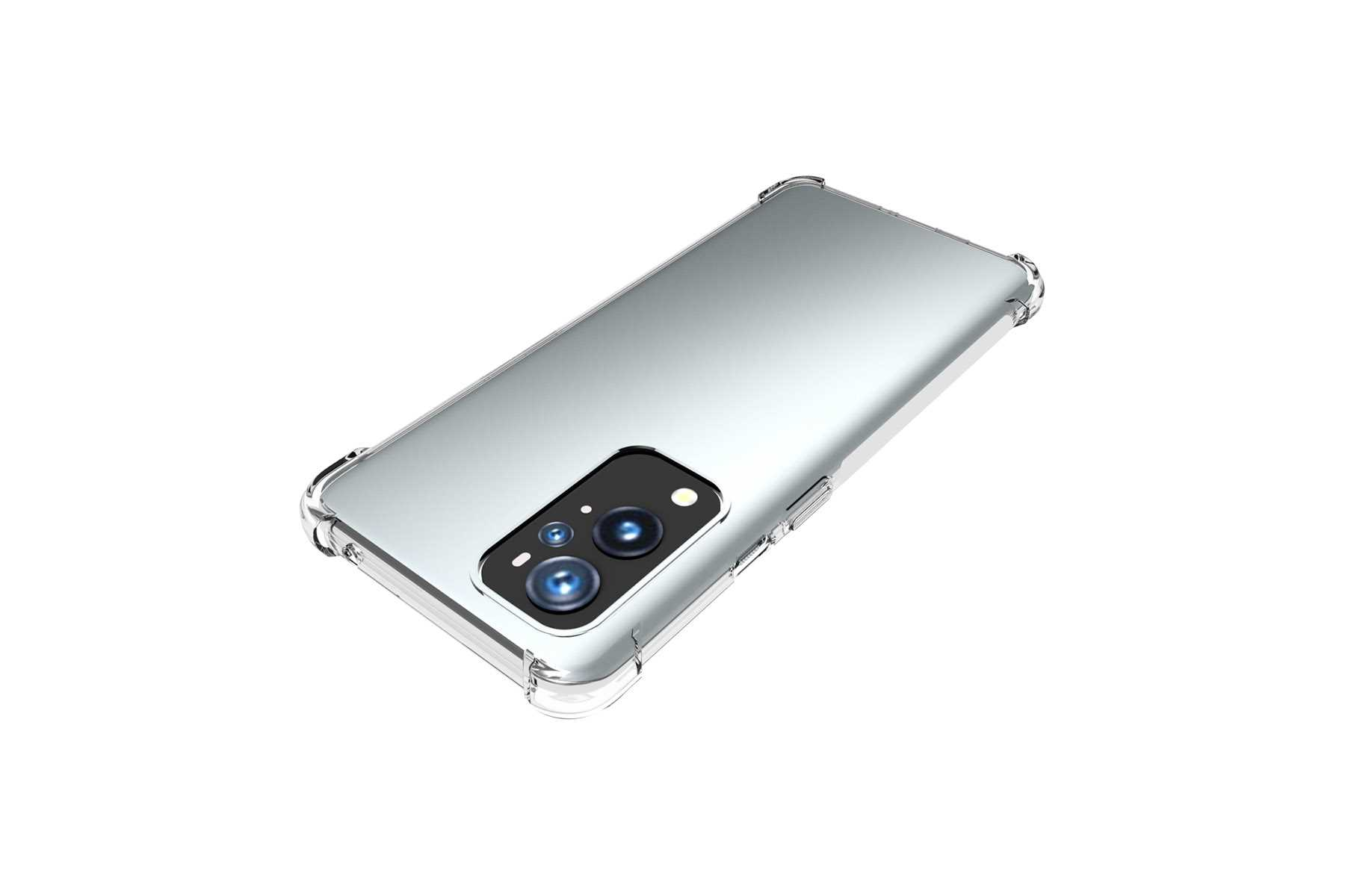 Silbernes Telefon mit transparenter Hülle. Telefon ist angewinkelt, zeigt Rückseite, Kamera und Hülle.