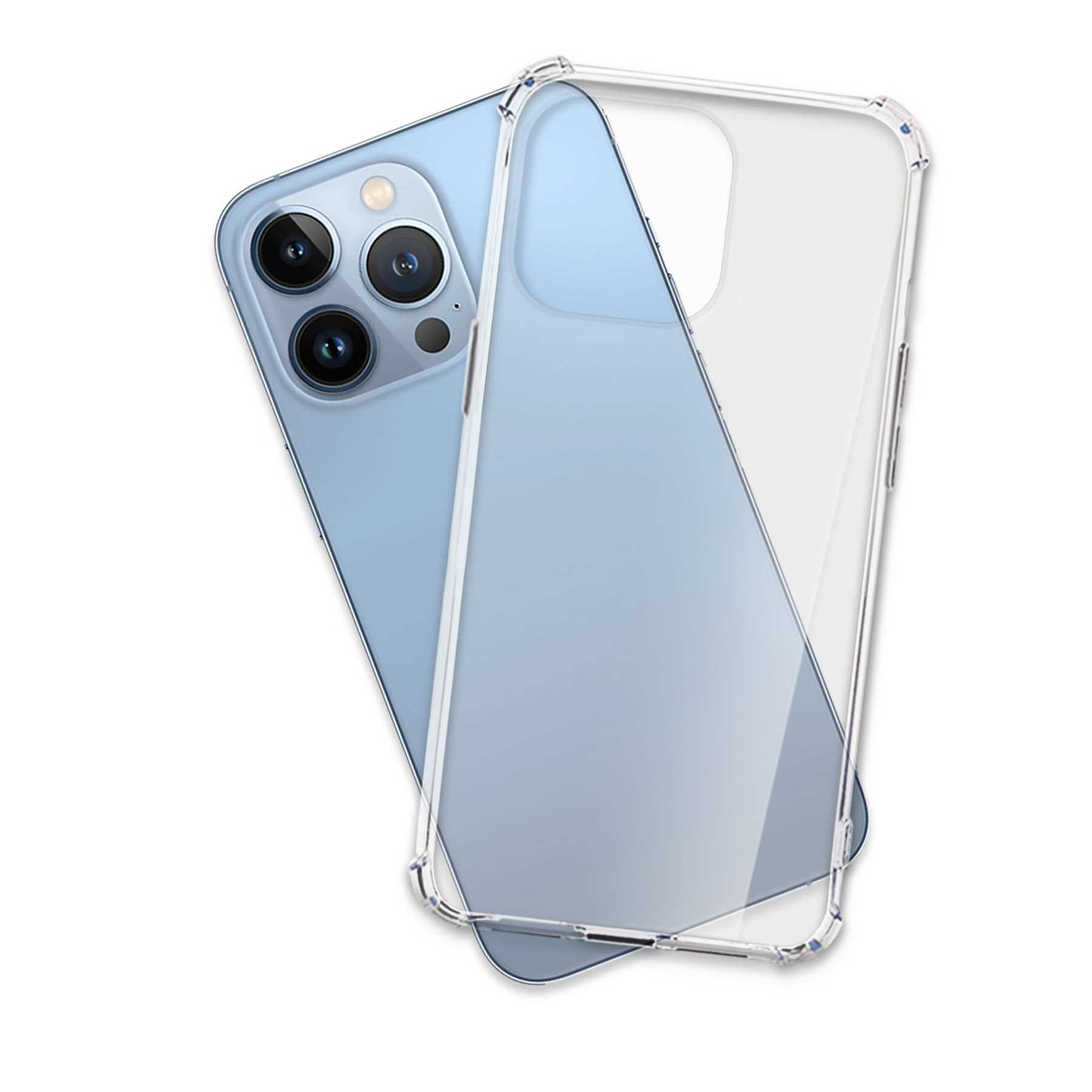Blaues Telefon mit klarer Hülle. Das Telefon hat drei Kameras. Die Hülle ist transparent.