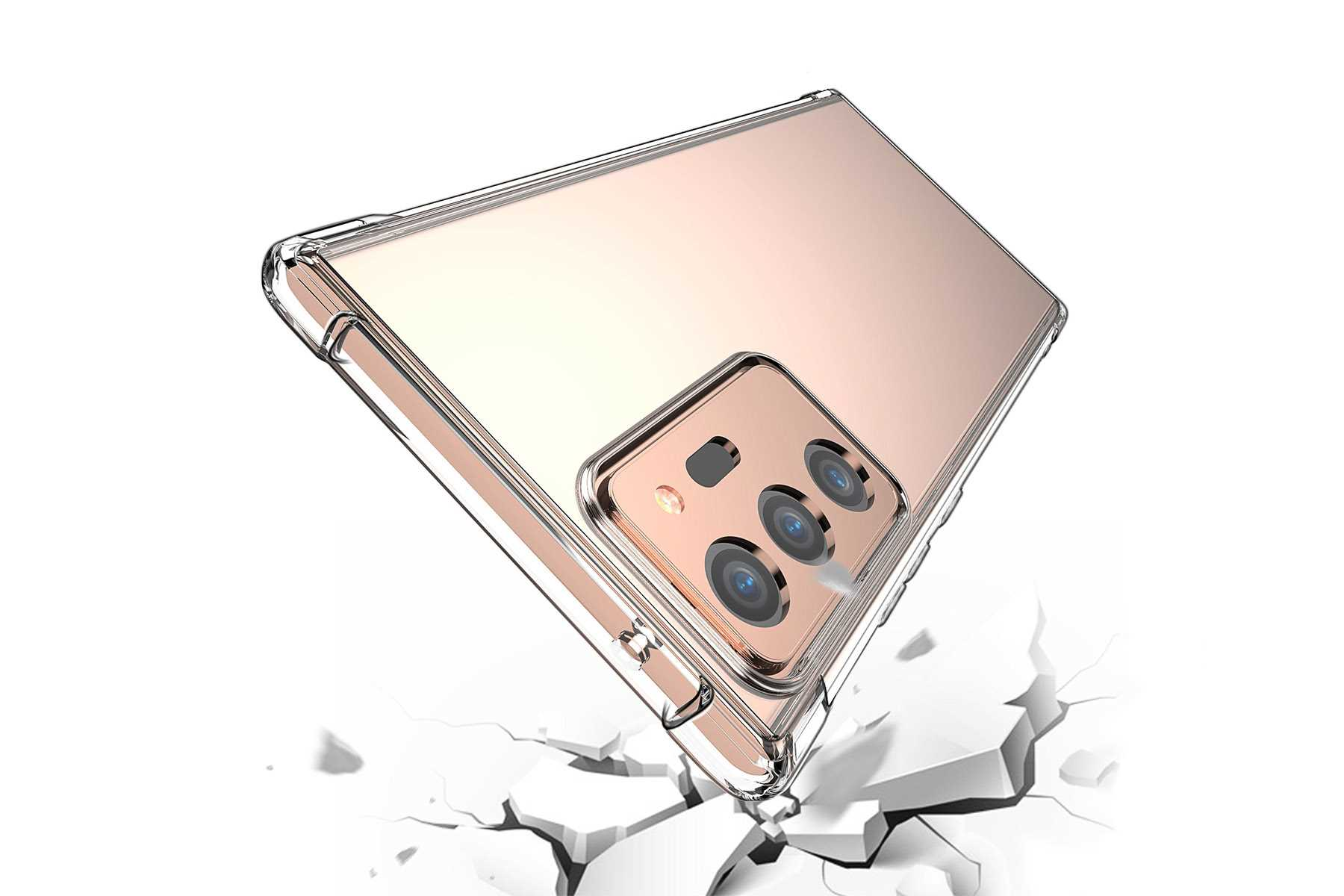 Ein roségoldenes Telefon mit durchsichtiger Hülle, rissiger Betonhintergrund, Rückseite.