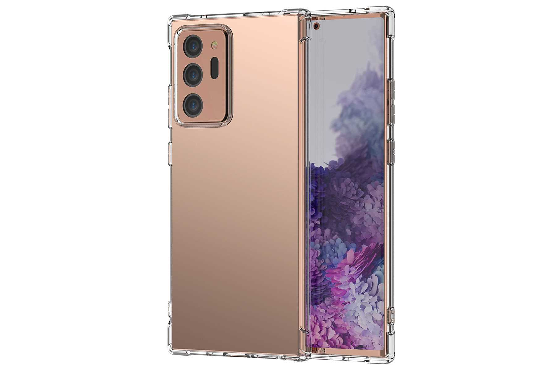 Ein roségoldenes Telefon in einer durchsichtigen Hülle. Das Telefon hat drei Kameras. Der Bildschirm ist sichtbar.