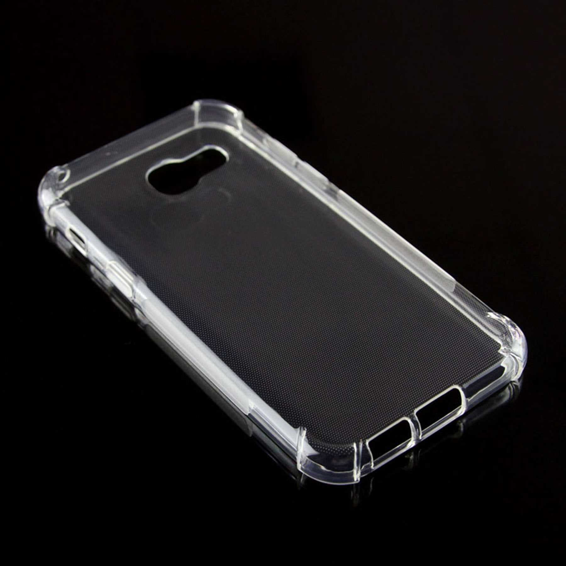 Transparente Handyhülle auf schwarzer Oberfläche. Die Hülle schützt das Telefon.