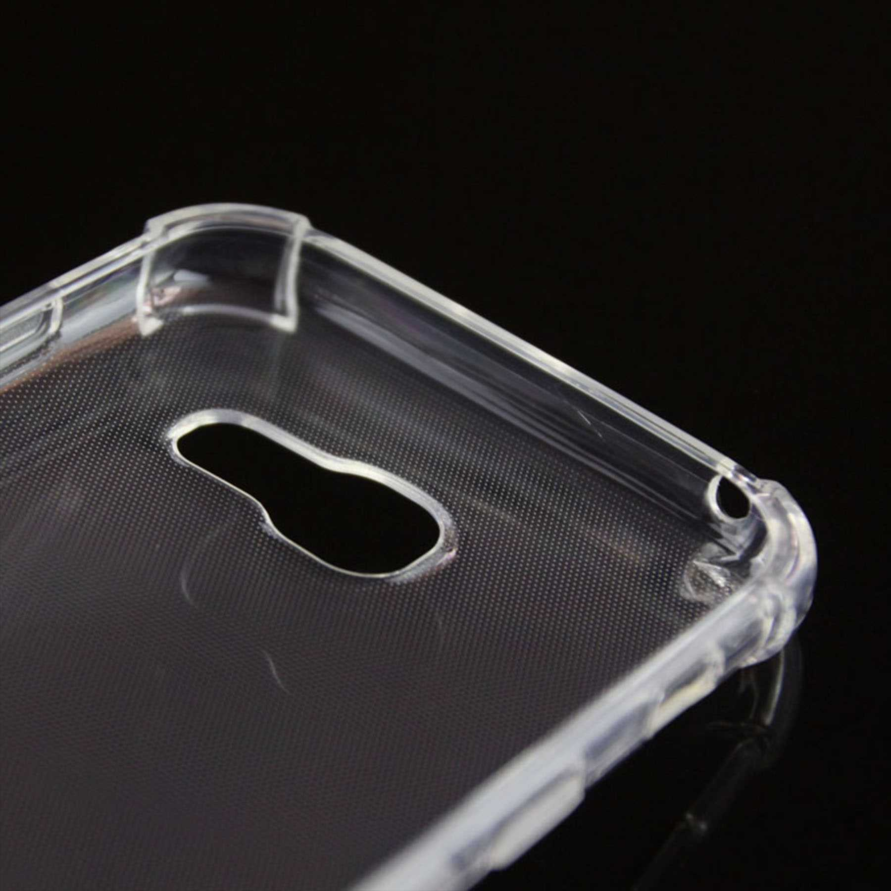 Transparente Handyhülle mit Kameraausschnitt vor dunklem Hintergrund.