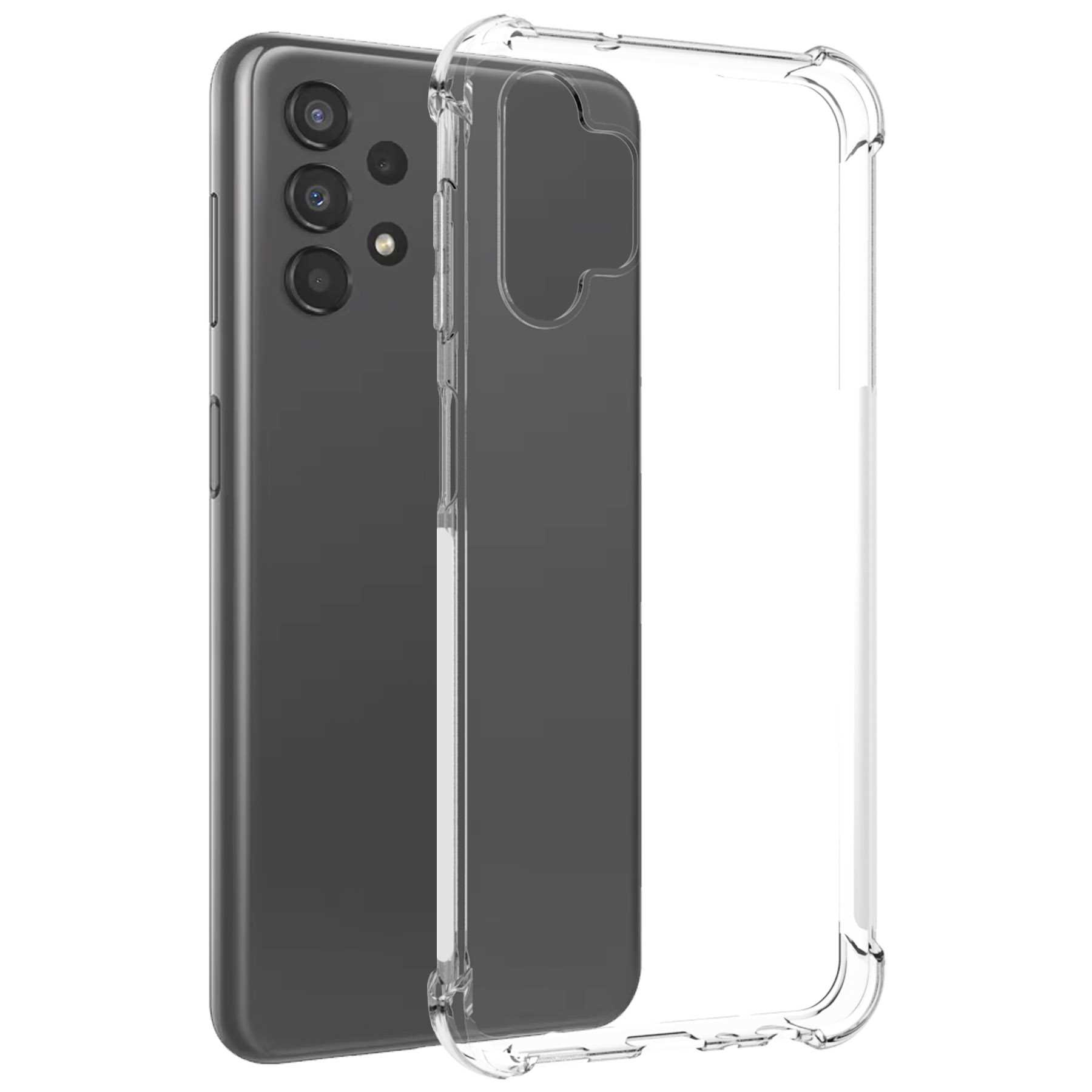 Schwarzes Telefon mit klarer Hülle. Das Telefon hat drei Rückkameras. Hülle auf dem Telefon.